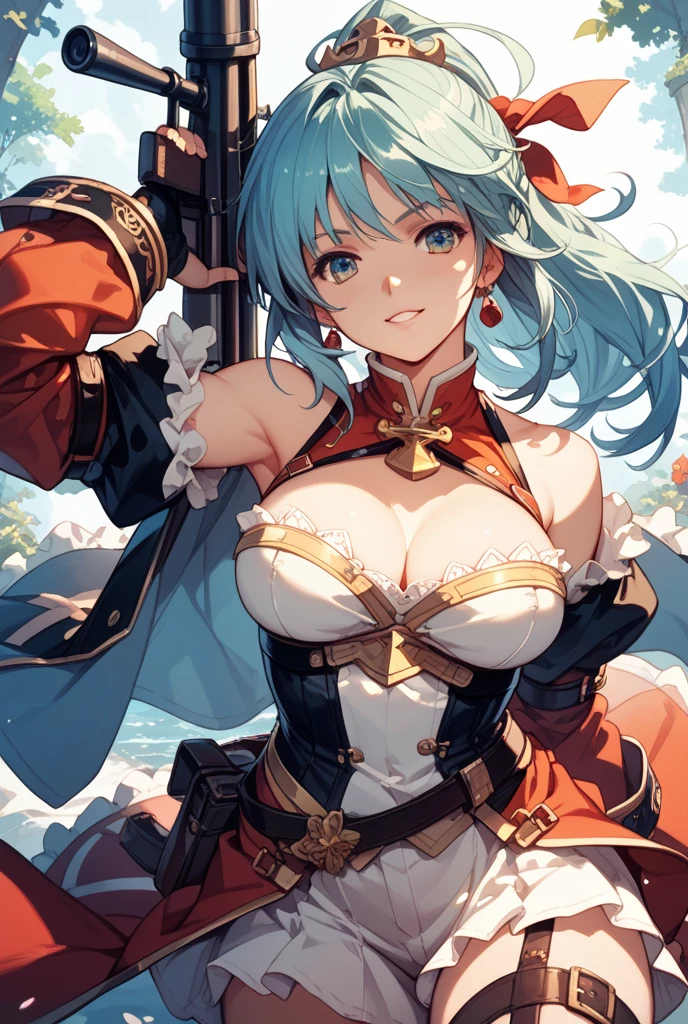 (((masterpiece、Highest image quality、highest quality、highly detailed unity 8kwallpaper)))、((Illustration of one girl、upper body))、(((beautiful girl)))、(female pirate)、(Light light blue hair、short ponytail:1.2、yellow eyes)、(((Right hand is a prosthetic hand、steampunk prosthetic arm)))、((tall))、(((muscle girl, bulky figure, massive frame, thick neck, sturdy arms, powerful legs)))、(captain's suit、Pirate hat、Blue coat)、Pirate ship deck