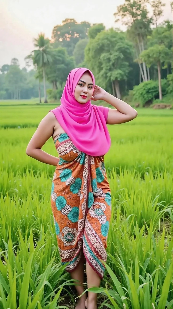 (best quality,4k,highres,masterpiece:1.2),ultra-detailed,(realistic,photorealistic,photo-realistic:1.37),
woman with hijab lying on the muddy paddy rice field, wet body soaked, huge breast, show pubic hairs wet,
portrait,detailed facial features,long dark hair,beautiful brown eyes with a sense of innocence,warm brown skin,natural blush on cheeks,plump lips with a touch of pink,colorful patterned hijab,
landscape,breathtaking view,misty morning atmosphere,sunrise over the horizon,golden sunlight casting gentle shadows on the field,lush green paddy rice plants swaying in the wind,
scenery,peaceful surroundings,sprawling muddy field,reflections of sunlight on the waterlogged soil,dark brown mud between the toes,
atmosphere,calm and serene atmosphere,feeling of tranquility,soft breeze rustling through the crops,sound of distant birds chirping,
clothing,stylish bra and mini skirt in vibrant colors contrasting with the natural surroundings,wet fabric clinging to the curves of her body,hint of sensuality and empowerment,
body language,relaxed posture,lying on her side with her head propped up on one hand,legs stretched out in front of her,communicating a sense of contentment and ,
emotion,contentment and joy radiating from her smile,inner peace reflected in her eyes,
details,droplets of water glistening on her skin,subtle sweat on her forehead,dew drops on the paddy rice leaves,beautiful lotus flower blooming nearby,
lighting,dramatic lighting,soft golden sunlight casting warm tones and shadows on the woman and the field,magical play of light and shadow,
color palette,rich and vibrant colors,natural earthy tones of the field,contrasting with the colorful hijab,
art style,realistic portrait with a touch of fantasy,blending elements of traditional and contemporary art,
atmospheric perspective,subtle mist in the distance,creating depth and adding a sense of mystery,
composition,woman positioned off-center,creating a sense of space and allowing viewers to appreciate the