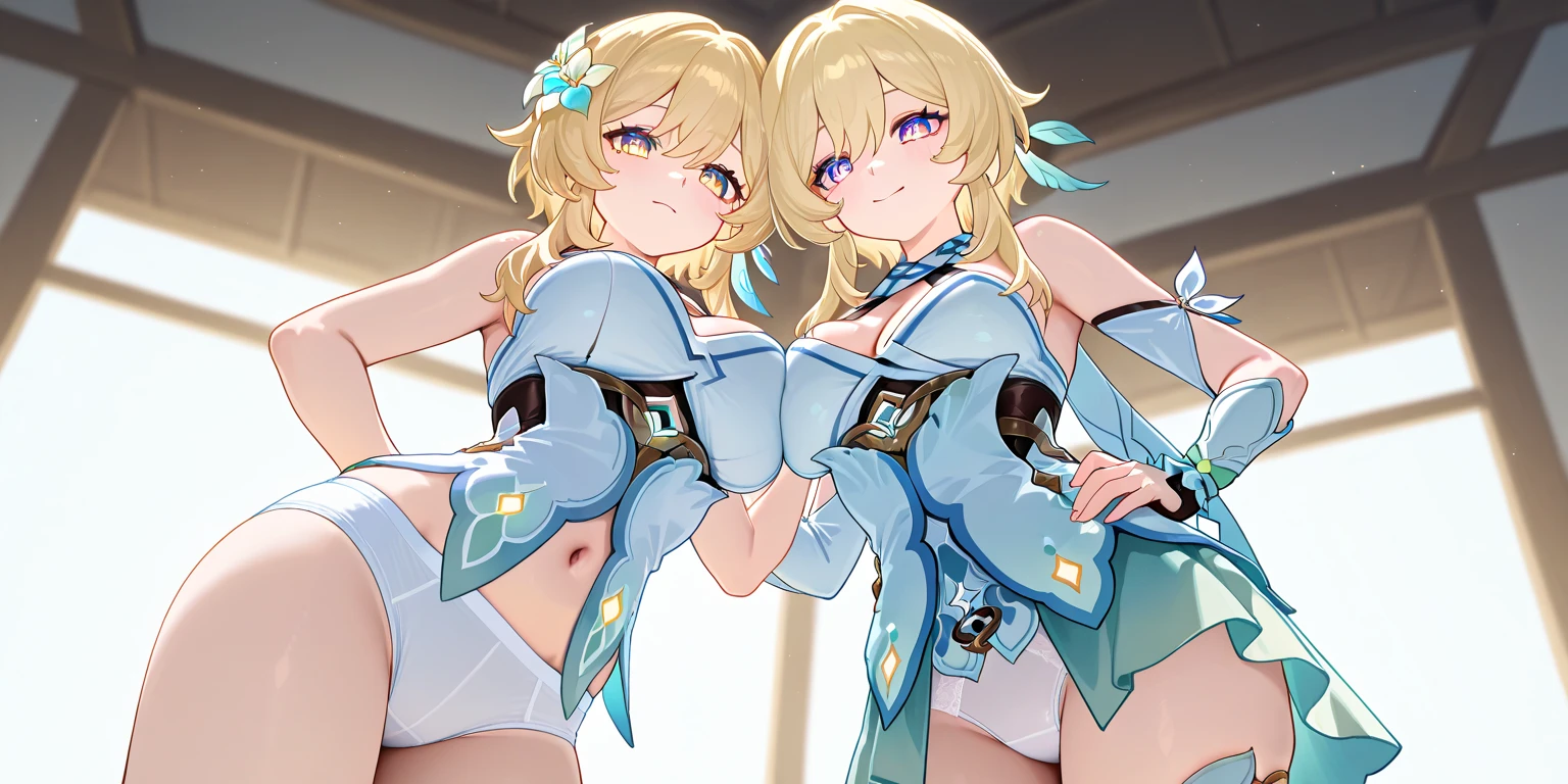 (masterpiece, best quality:1.2), 1girl, solo, blond hair, blue hairband, blue hair ribbon on the left, white-blue breast, black gloves, knight skirt, Solid color background