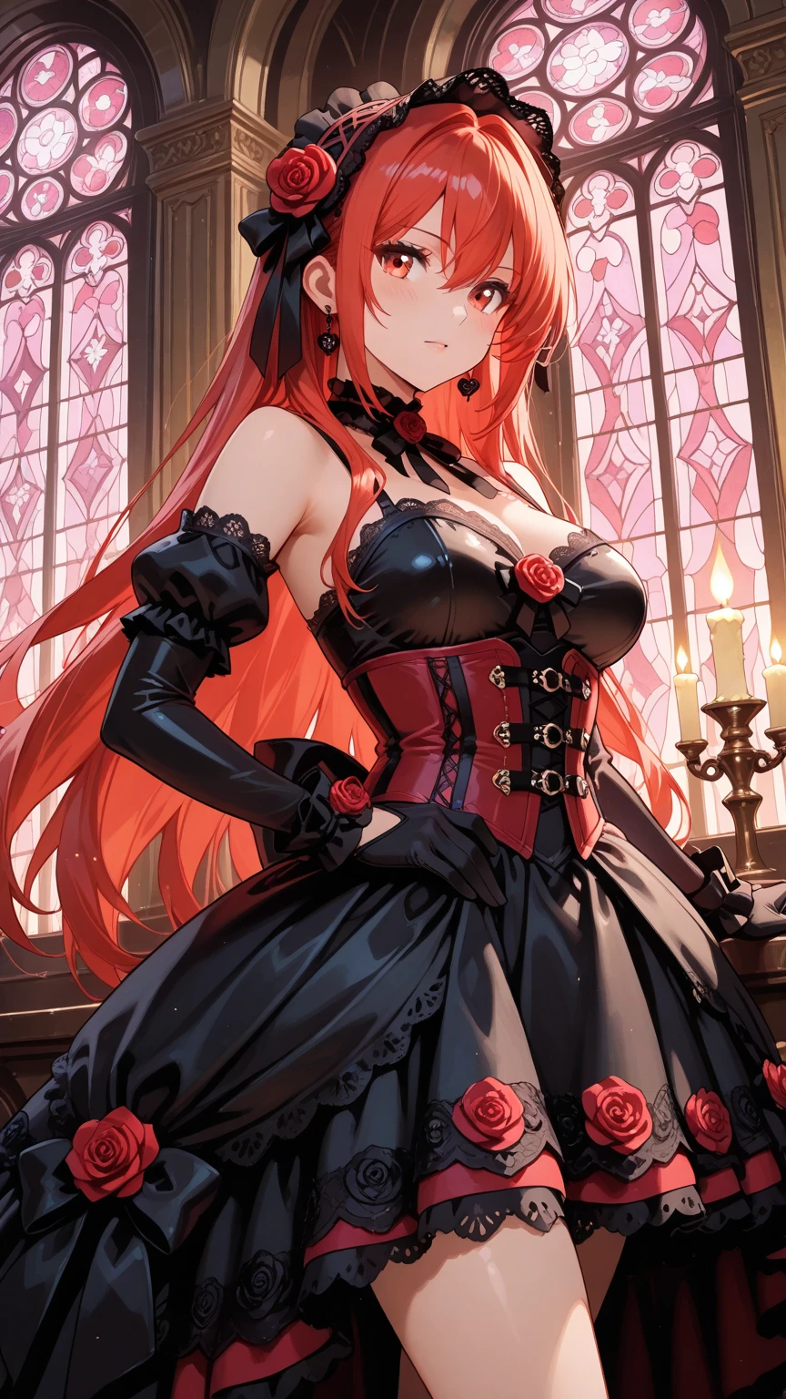 slender, mature female, 1girl, rating:safe, gloves, breasts, earrings, elbow_gloves, dress, long_hair, jewelry, flower, red_hair, solo, black_gloves, rose, cleavage, red_eyes, smile, looking_at_viewer, red_flower, red_rose, navel, large_breasts, black_dress, indoors, bare_shoulders, navel_cutout, very_long_hair, veil, light_particles, red_dress, bangs, eyebrows_visible_through_hair, blush, center_opening, sleeveless, blurry, hair_flower, closed_mouth, hair_ornament, sleeveless_dress, lace, petals, hand_up, hair_between_eyes, standing, black_rose, black_flower, brooch, rose_print, light_rays, depth_of_field, necklace