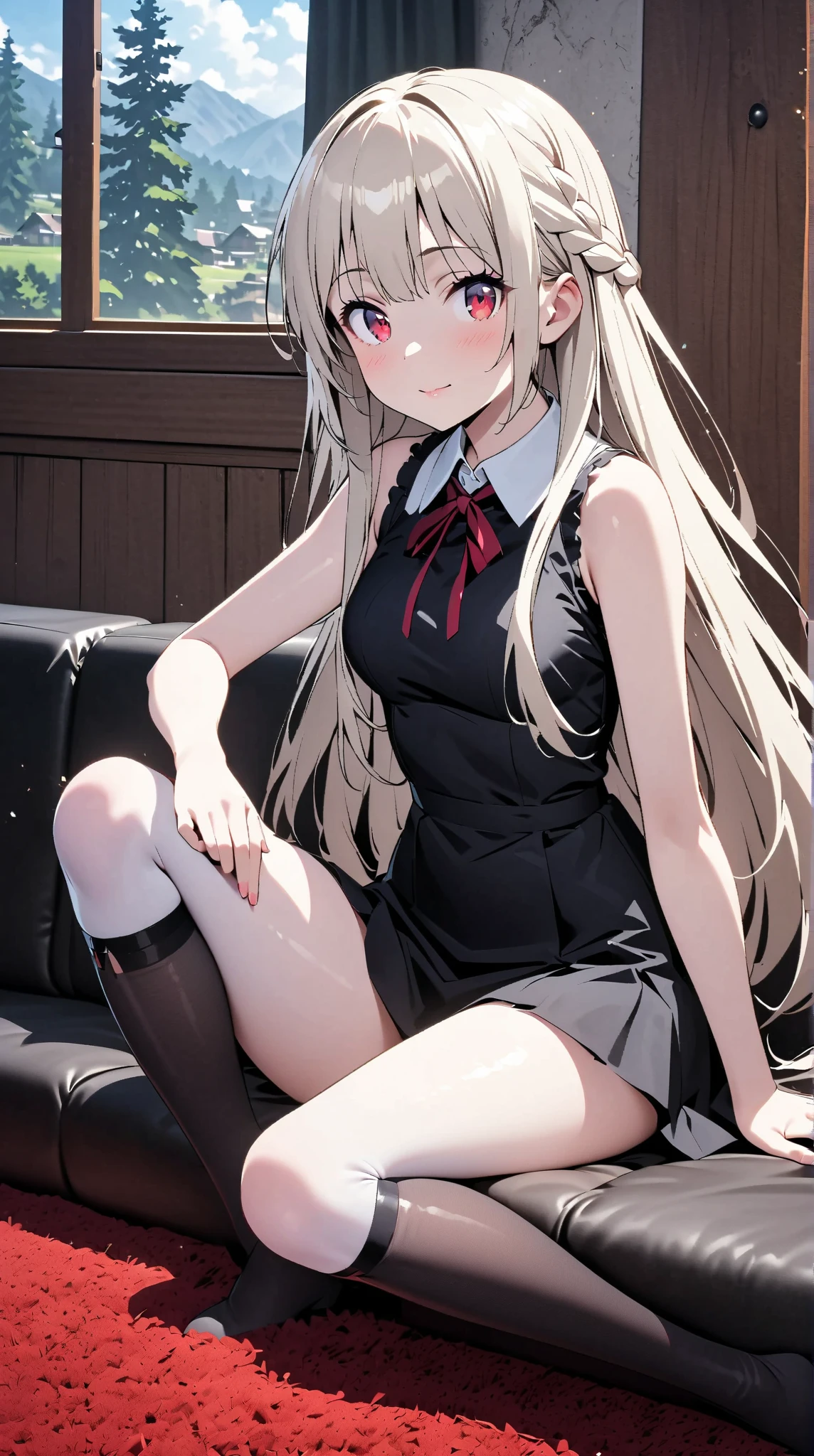 Two mature and cold beauties with long hair，Wearing white knee-high cotton socks，Look at the eyes with disdain, disgust, and nausea, looking down，Sitting，Tall，Cross your legs，Sole，Sock bottom，JK school uniform，Two beauties，The expression is stern，blush，Lightweight，Look directly into the camera，White hair，With arms，Wearing、Chinese high school students wearing white socks sitting cross-legged. Legs are coming towards you, The slender legs towering above you, With a look of contempt, Portrait of a man，White Socks，White Socks短袜，No shoes，Height 175cm，Tall，Giant height，Royal sister figure，Chinese beauty face