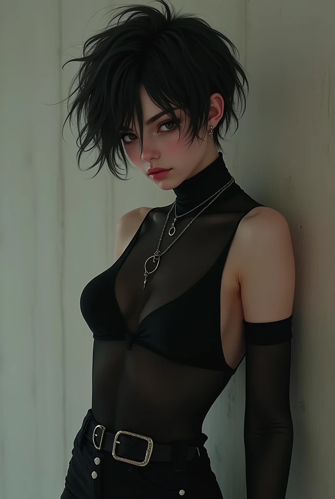 Androgynous female character with short black hair on her shoulders and bangs above her eyebrows, eyes black, with indigenous features, with dark skin tone, Gothic style, big boobies