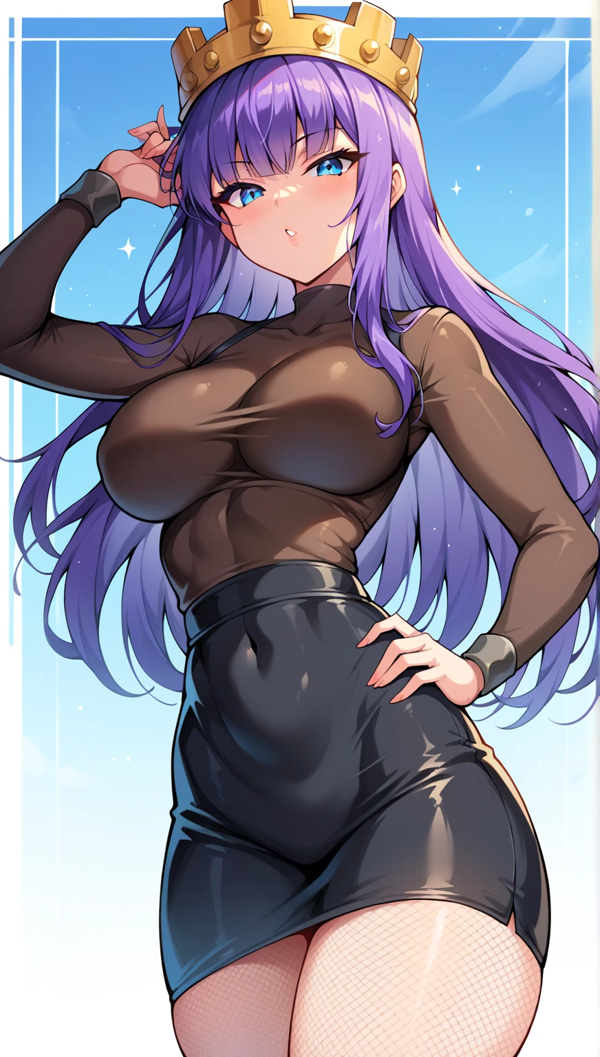 best quality, masterpiece, highres, solo, {medusa_fgo:1.15}, long_hair, purple_hair, very_long_hair, purple_eyes, breasts, large_breasts, 1girl, black_sweater, glasses, long_sleeves, official_alternate_costume, sweater, turtleneck, turtleneck_sweater, looking_at_viewer, forehead, white_background, parted_bangs, simple_background, smile, upper_body