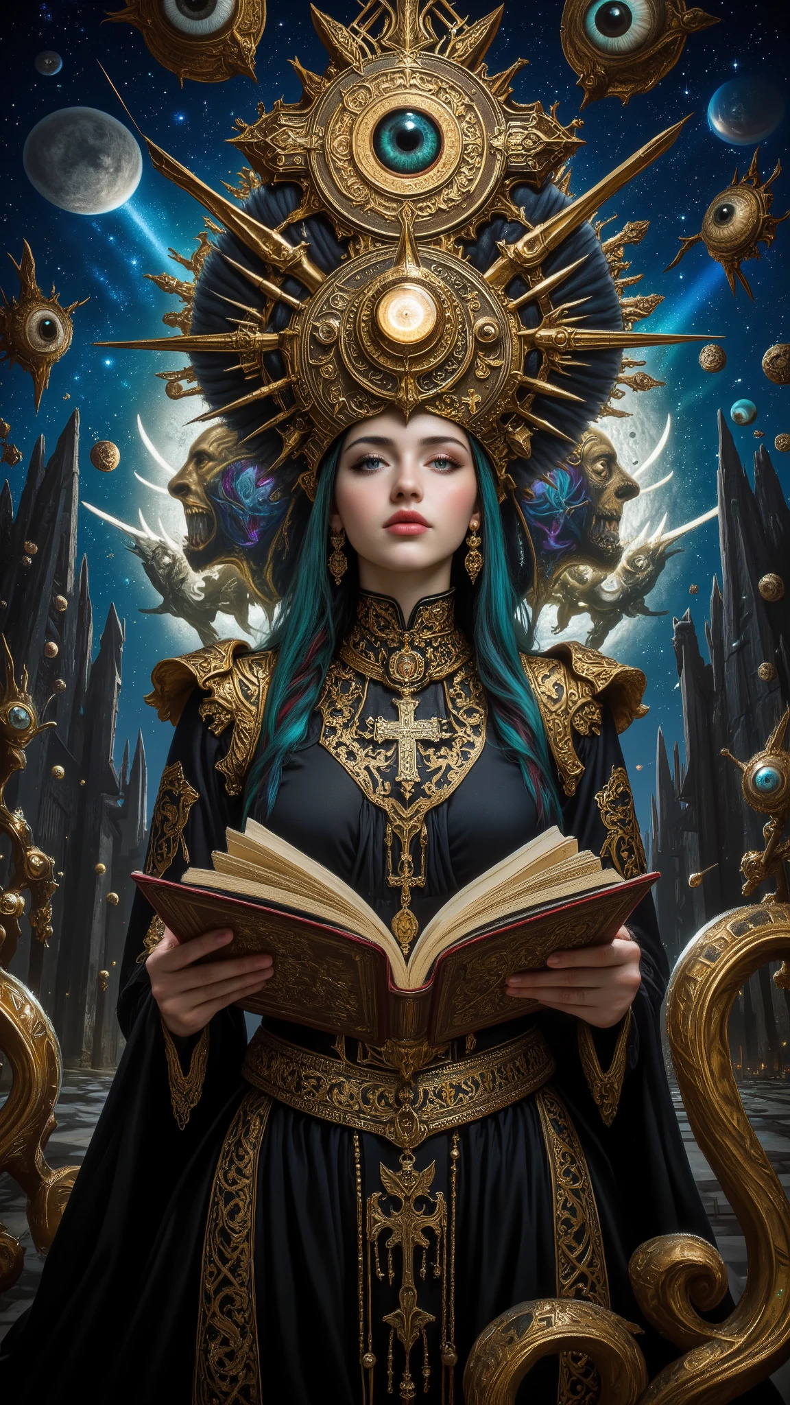 Surreal Painting, An extravagant, mysterious female figure, gazes at viewer with secret smile,dressed in intricately embroidered black and white medieval clothing that fits her form perfectly , A jeweled rosary necklace with a large crucifix rests on her shoulder,Allusions to a historical or religious background or past lives, her hands are tightly gripping a very ancient illuminated book of Alchemy glowing with ancient magics and Angelic Enochian magic, with arcane graphs and suggesting studiousness and contemplation, A number of abstract shapes and dragon heads, cyclops things and creatures of myth blend seamlessly around the mysterious figure's head,Set against a vivid , an alien cosmic montage of strange vistas of backdrop, Jagged iridescent geometric shapes, The background features celestial bodies such as planets and moons,Above these shapes are disarticulated eyes,Adding to the dreamy, mysterious atmosphere, The scene is set in a dark, expansive temple open to the sky, Suggesting a journey through time and space, The contrast of light and shadow, Fantastic Mood, A visually appealing piece, Deep symbolism, Various interpretations.6