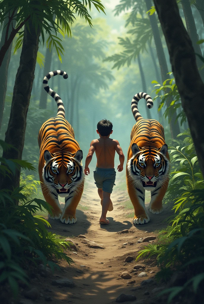A young boy,2,cutting the palm,on the forest,with a tiger and lion waiting