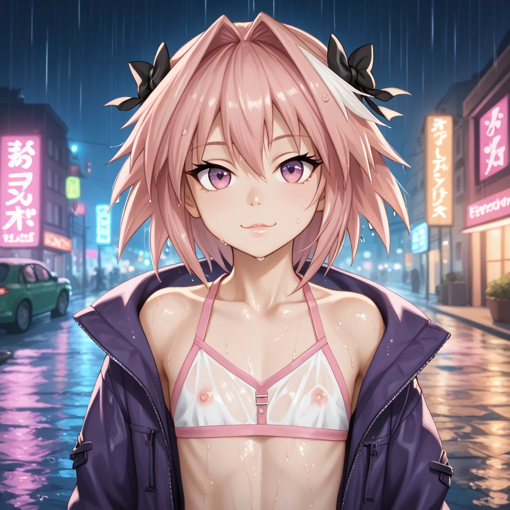 ((masterpiece, best quality)), 1girl, outside, public, urban city, rain yellow rapika, pink eyes, long hair, blonde hair, medium breasts, skin fang, pink hair, multicolored hair, coat, shorts <lyco:yellowRapikaBeatmania:0.55>
