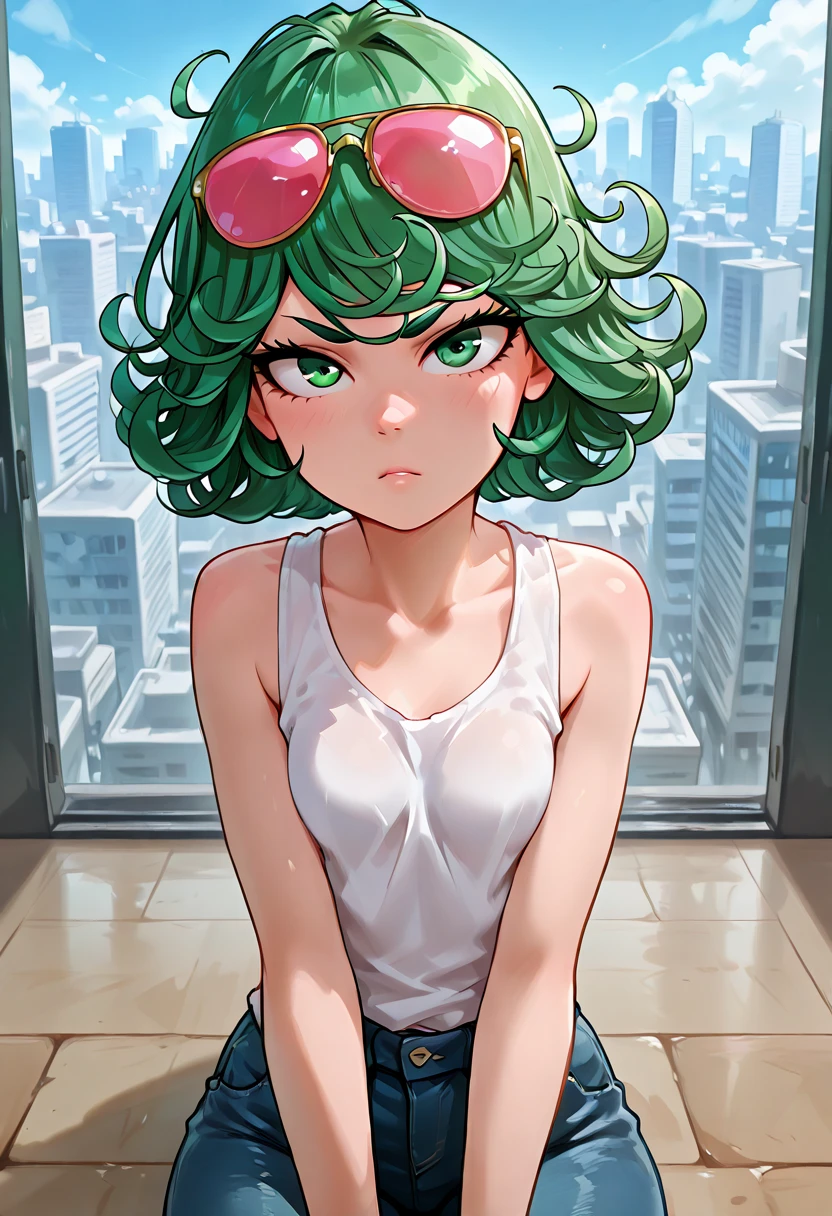  score_8_up , score_7_up , score_6_up , score_5_up , score_4_up , anime screenshot , looking at viewer , upper body , 1girl , tatsumaki , green hair , green eyes , short hair , curly hair , thighs , looking at viewer , white tank top , jeans , eyewear on head , BREAK on floor , looking at viewer , city ,