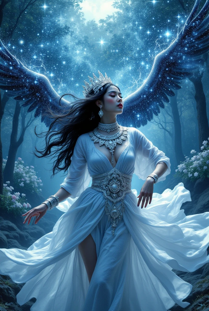 (best quality,4k,highres,masterpiece:1.2),ultra-detailed,(realistic:1.37) A mature curvaceous Malaysian woman with her age at 40, dressed in a hijab that covers all of her hair, is standing in the center of a mystical scene. She is wearing a beautiful silk magic gown that shimmers with an otherworldly glow. The gown flows gracefully around her figure, accentuating her curves and adding an air of elegance to her presence. The woman is a witch, strong and knowledgeable in the mystic arts. She stands confidently with her hands raised, as if channeling her magical powers. Around her, a magic circle adorns the ground with intricate symbols and glowing sigils. The circle is made from a combination of runes and arcana, pulsating with energy in vibrant colors of blues and purples. As the woman continues her summoning, a mythical monster starts to materialize from within the magic circle. The creature is a magnificent being, towering with a majestic presence. Its body is covered in shimmering scales, reflecting the light around it in a mesmerizing display. The creature's form is a combination of various animals, with wings of an eagle, the tail of a serpent, and the head of a lion. The scene is bathed in an ethereal light, reminiscent of moonlight casting an enchanting glow. The soft illumination illuminates the woman's face, revealing a calm and focused expression. Her eyes emit a glimmer of magic, while her lips are curved in determination. The background is an enchanted forest, with towering trees reaching towards the sky. The forest is filled with vibrant foliage, casting shadows and adding layers of depth to the overall composition. The air is filled with an aura of mystery and anticipation, as if the entire world holds its breath in awe of the imminent manifestation. The color palette of the scene is rich and vivid, with deep shades of blues and purples dominating the overall tone. The contrasting warm hues of the woman's gown provide a beautiful balance and creat
