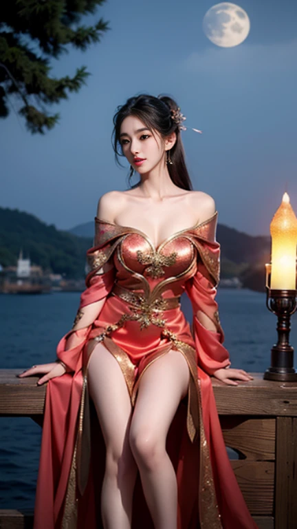 The Araved woman in a red dress sits on a red bench by the water, a photorealistic painting inspired by Magali Villeneuve, cgsociety contest winner, Fantasy art, wearing gilded red robes, lady in red armor, wearing gilded red royal robes, Gorgeous Role Play, scarlet witch costume, wearing red sorcerer's robes, Red robe, aly fell and artgerm