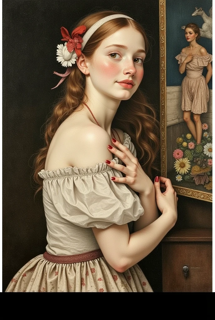 A painting of Sophia Lillis, (plump woman, long wavy hair, eyeshadow and lipstick, portrait poses, sensual room, thighs, tight dress, grinning,) painted in the school of Impressionism 