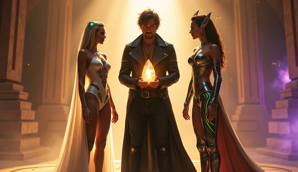 there are two women and a man dressed in costumes in a room, sorayama and moebius. occult art, tyrion lannister, photoshop collage, angel in plastic armor, cinematic red lighting, mirabel madrigal rendering, finland tone, warm saturated palette, elf kingdom, jonathan solter style --auto --s2
