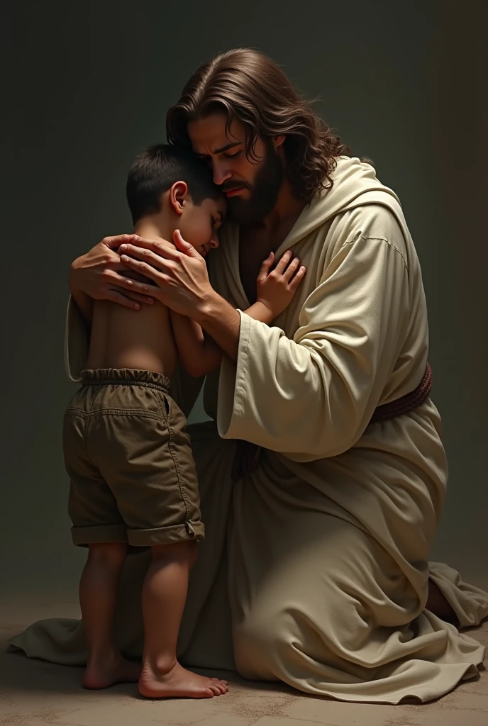 Make a 16 year old curly haired boy crying kneeling and hugging Jesus&#39; legs