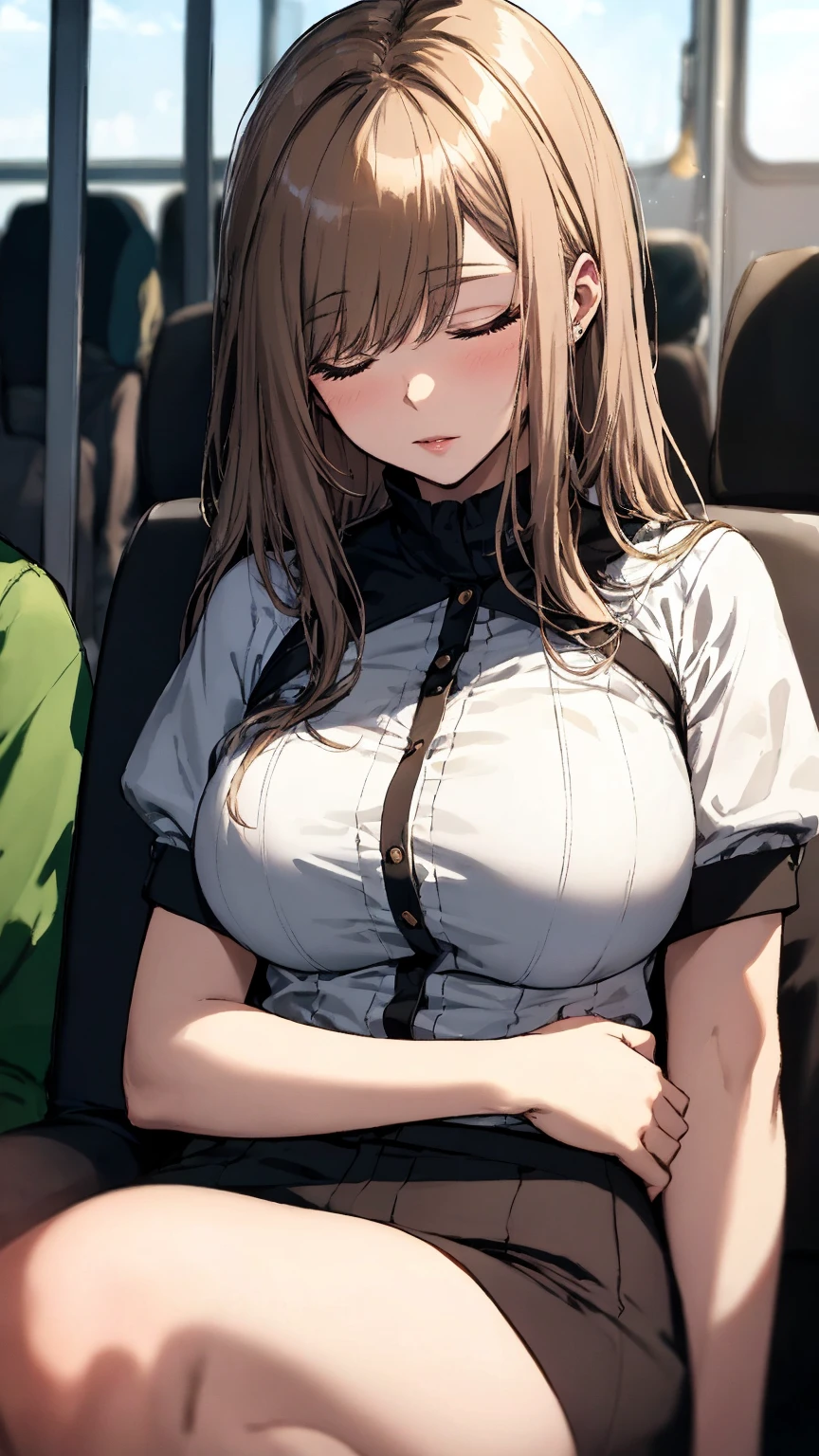((On the train at night)),Last train,fluffy hair,Long hair with voluminous curls,Light brown,(a large ribbon on the head),((Sitting on a train chair)),Blazer type school uniforms,((lace bra)),(Clothes come off and cleavage is exposed.),((Elastic)),((Sleep with your head tilted and your eyes closed)),(Lean your body and rest on the shoulder of the middle-aged man next to you.....),((hands on the sides)),Slight red tide,((Inner Stock)),(Ankle Socks),((super close up face)),((Perspective from above)),((Male POV)),(Sleep rape),((SEX)),(((My body is convulsing))),(Squirting),(((NSFW)))