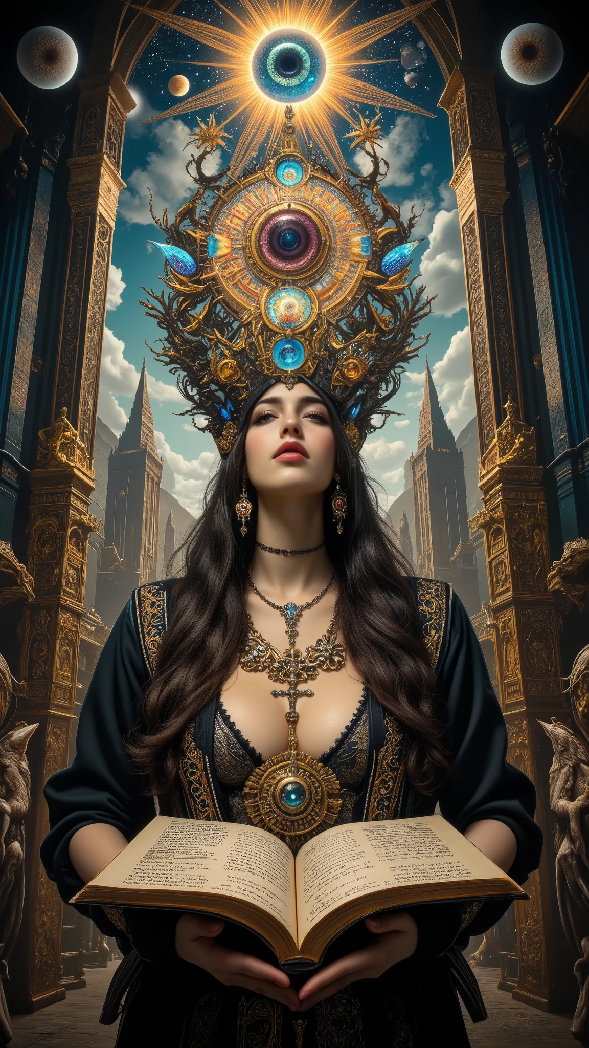Surreal Painting, An extravagant, mysterious female figure, gazes at viewer with secret smile,dressed in intricately embroidered black and white medieval clothing that fits her form perfectly , A jeweled rosary necklace with a large crucifix rests on her shoulder,Allusions to a historical or religious background or past lives, her hands are tightly gripping a very ancient illuminated book of Alchemy glowing with ancient magics and Angelic Enochian magic, with arcane graphs and suggesting studiousness and contemplation, A number of abstract shapes and dragon heads, cyclops things and creatures of myth blend seamlessly around the mysterious figure's head,Set against a vivid , an alien cosmic montage of strange vistas of backdrop, Jagged iridescent geometric shapes, The background features celestial bodies such as planets and moons,Above these shapes are disarticulated eyes,Adding to the dreamy, mysterious atmosphere, The scene is set in a dark, expansive temple open to the sky, Suggesting a journey through time and space, The contrast of light and shadow, Fantastic Mood, A visually appealing piece, Deep symbolism, Various interpretations.6