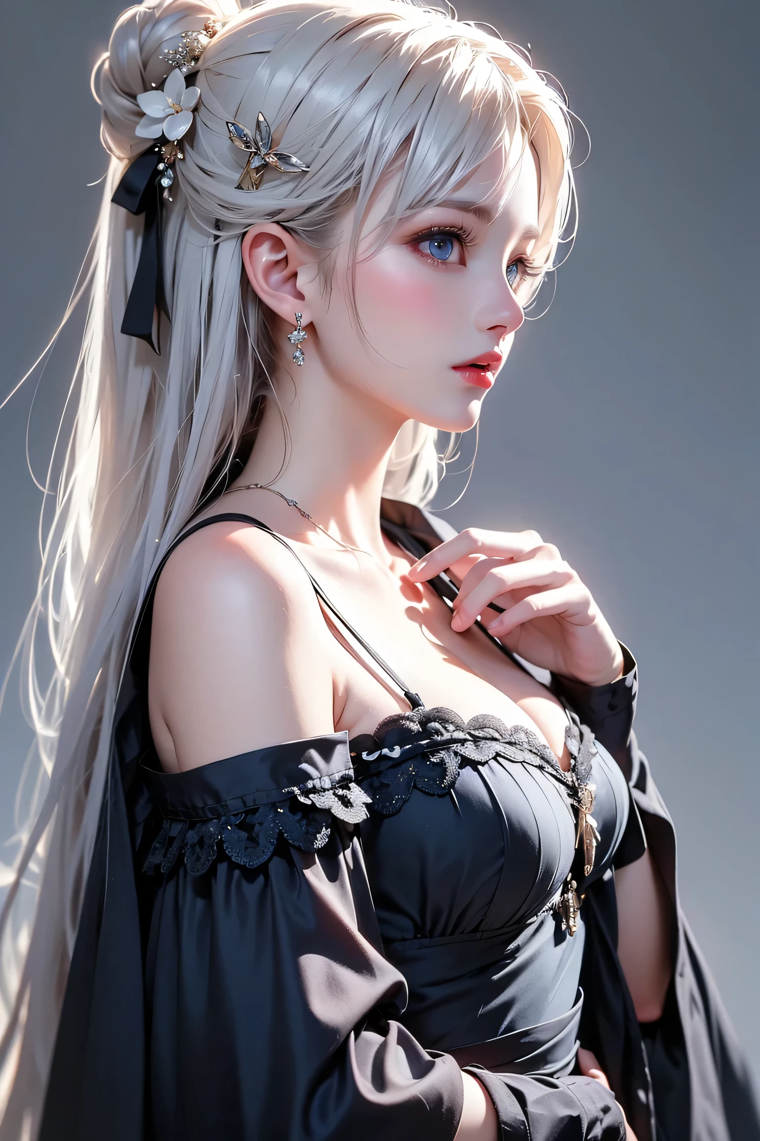 ((masterpiece:1.5,Highest quality,Highly detailed images,Beautiful images、Realistic、Photorealistic、2.5D))(1girl, 独奏)(Adult women、medium breasts, white hair, black eyes, Healthy legs、Tight ass、Beautiful cleavage)(Fantasy dresses、Fantasy Clothes、Black battle dress、Deep slit)(wind, floating hair)(Inside the castle、The King's Chamber）
