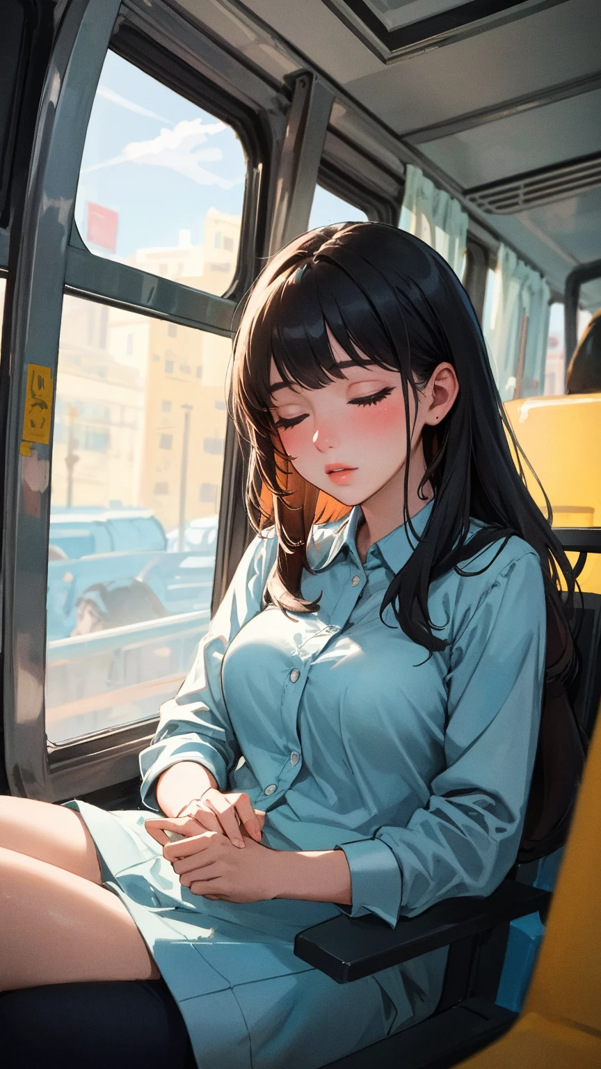 beautiful detailed illustration,amazing art,(((Extremely detailed))),
sitting 1girl,bangs,female high-school student,sleeping,Closed eyes,WHITE panties,skirt,
cowboy shot,from FRONT
,(((Extremely detailed))),On the train, a young woman is sleeping contentedly. Through the gap between her legs and skirt, her panties can be seen. As the vehicle rocks, her peaceful expression and gentle breathing create a calming atmosphere
,(((Extremely detailed)))