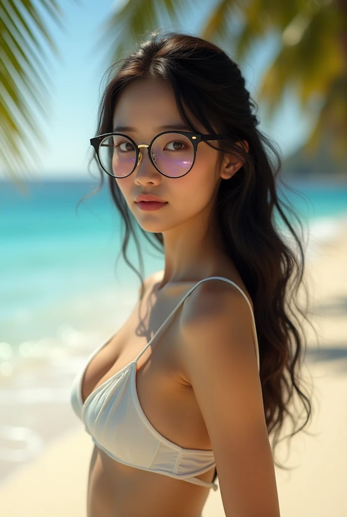 1 Thai Girl, Age 33 years, Exquisite Face, Plump lips realistic pink, Wear clear glasses.. Big breasts, one chest can be seen, naked body show in the moonlight., In the evening, You can see the whole body..