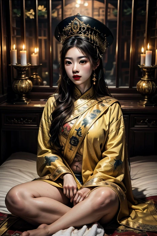 A gorgeous empress from the Chinese imperial court during the Qing Dynasty. She sits naked on a large yellow dragon embroidered sofa with her legs spread apart, her hair in double ponytails, wearing a gorgeous Chinese empress crown and a flower hairpin, and her hair is tied up and pulled up.