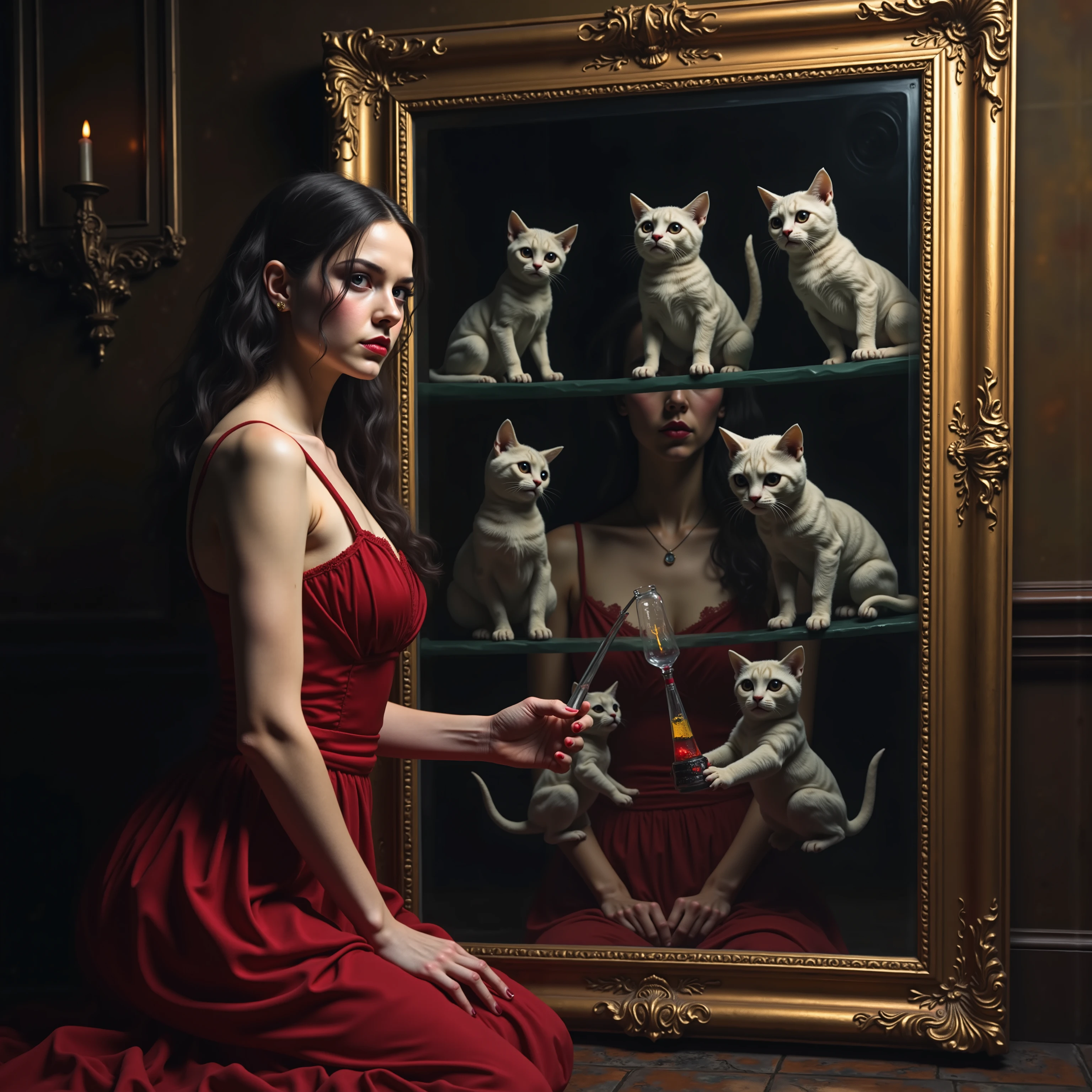 A beautiful young woman kneels in front of a large antique mirror, the mirror reflecting demons in a different dimension. They come through the glass of the mirror when welcomed by the woman, and bring gifts that change form, for instance, statues that turn into demonic kittens, or a glass vial of blood that turns into jewelry. She repays these gifts with her homemade pies and sweets. Realistic portrait, detailed facial features, demons move through the mirror, kneeling pose, large antique mirror, dark and unsettling reflection in mirror, chiaroscuro lighting, cinematic atmosphere, mysterious, gothic, 8k, high resolution, photorealistic, intricate details, dramatic colors, moody tones, macabre, gothic beauty, nightmarish imagery, g8fts that change form, otherworldly, startling presence, icon style, intricate details, sharp focus, physically-based rendering, iconic characters, professional movie quality imagery, professional masterpiece