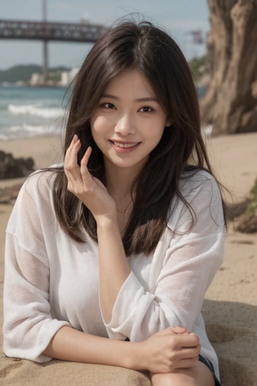 Highest quality　masterpiece　detailed　A very pretty woman is smiling and wearing a white sweater in front of the Blue Pond Cave　Photo style　dramatic