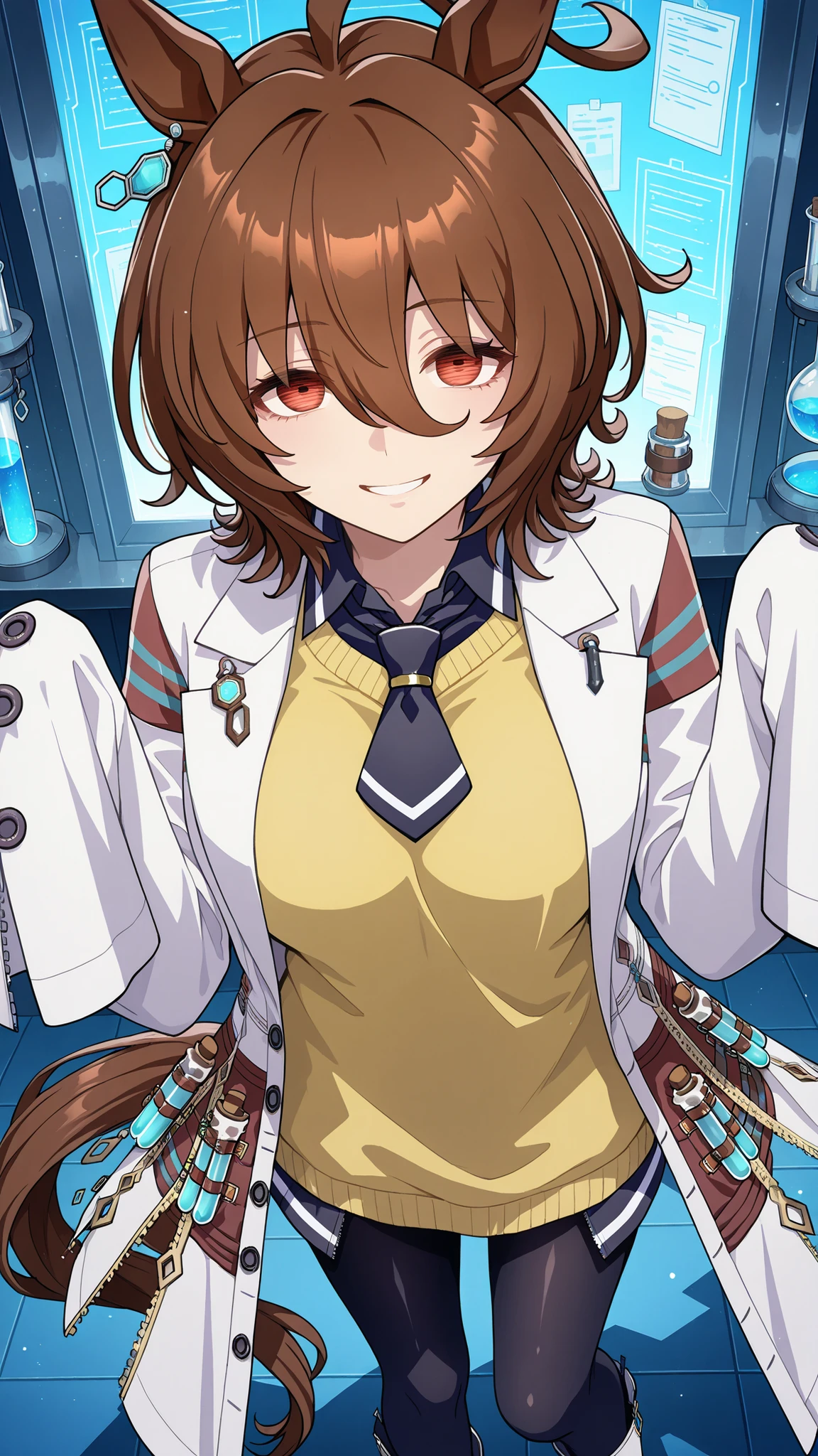 agnes tachyon,umamusume
High quality , best quality , masterpiece, High Resolution , detailed face( LoRA: agnes tachyon),anatomically correct, detailed hair(LoRA: agnes tachyon) ,detailed bangs(LoRA: agnes tachyon),anime coloring
solo, 1 girl,
agnes tachyon, horse ears, horse tail
labcoat, sleeves past fingers, yellow sweater, black necktie, pantyhose, single earring
close up , looking at viewer ,from above,upper body
Laboratory, flask, experimental tools ,
, smile,blash,