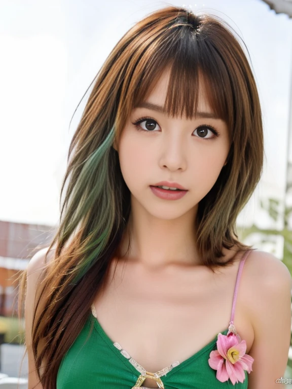 Masterpiece、highest quality、8K,Ultra-high resolution、RAW Photos、UHD、日本people、beautiful girl、1people、woman, (Flower Hair Ornaments,Braided top knot,Twisted Side Part Ponytail Braided Headband,Half Up、Braided Space Van,Voluminous fishtail braid,Twisted pan),(Asymmetrical bangs)、 (Ultra Realistic),round face、 Fine and beautiful eyes, Lifted eyes、Big eyes、(The right eye is blue:1.6)、(The left eye is green:1.6)、double eyelid、Thin eyebrows、Red around the eyes、Dolly Makeup、Thin lips, A loose pastel colored blouse、Knitted micro mini skirt, A kind smile, Professional photography, Cinematic Light, (Very beautiful face: 1.2),(Large Breasts:1.4)、Cleavage、Voluptuous thighs、Pictured from head to knee