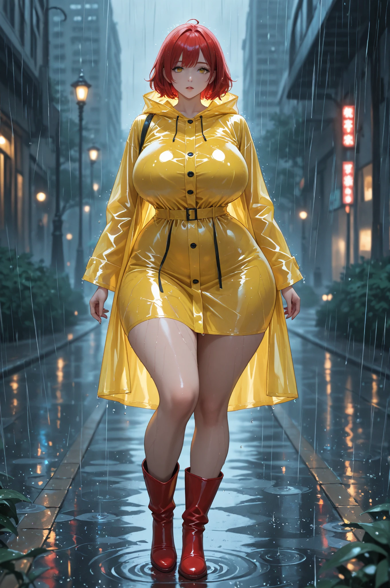((from behind)), Full body, 1 beautiful girl, long hair in a ponytail,,, bangs, eyeglasses, Naughty smile, Over-ear headphones, slim waist, natural small breast, perky tits, stand solemnly, (rain coat, clear, Very large size, yellow:1.5), (open chest:1.5), It's raining, backlit, silhouette, CyberPunk City, night light, anime, ultra highres