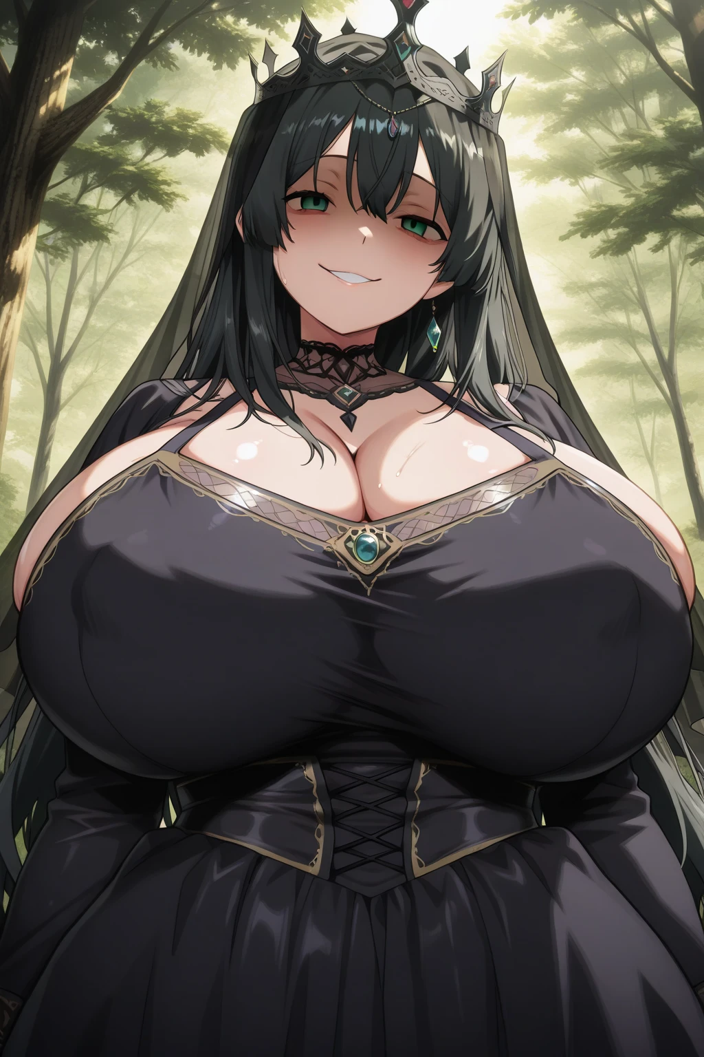 masterpiece, highest quality, Ultra-high resolution, Super detailed, Adult female, Height: 170cm, mature, Age: Around 20 years old, Black Hair, long hair with curled ends, Sapphire blue eyes, Above average breasts, Wide Hips , 1 female, alone, takeda hiromitsu style, smile, Smile, Wearing a formal black dress, Black dress with gold trim, beautiful, forest, wood, Very excited look, Medium height, Noble