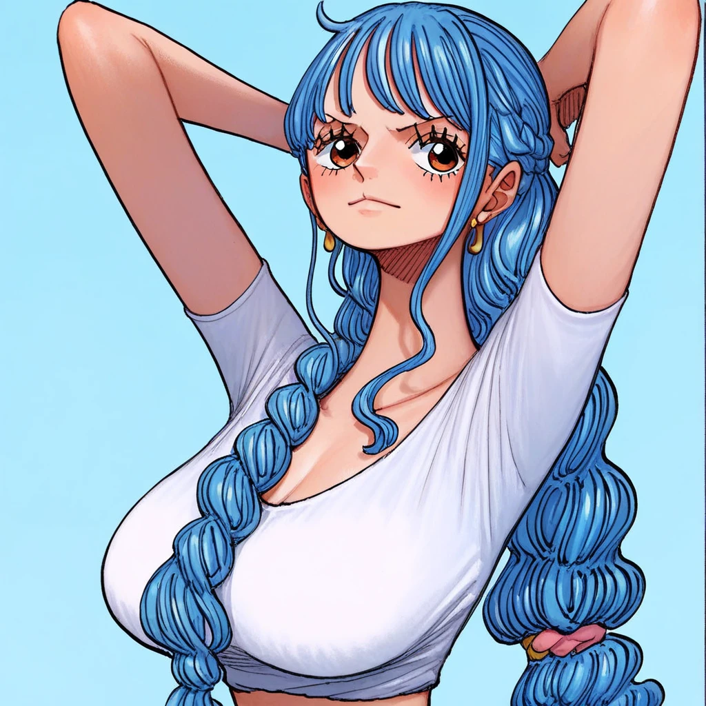 nsfw,1 person,Sweat,White Breath,solo,ONE PIECE,Perona,(Cleavage voyeur),sit,room,Naughty expression,Sheer T-shirt,Inverted nipples