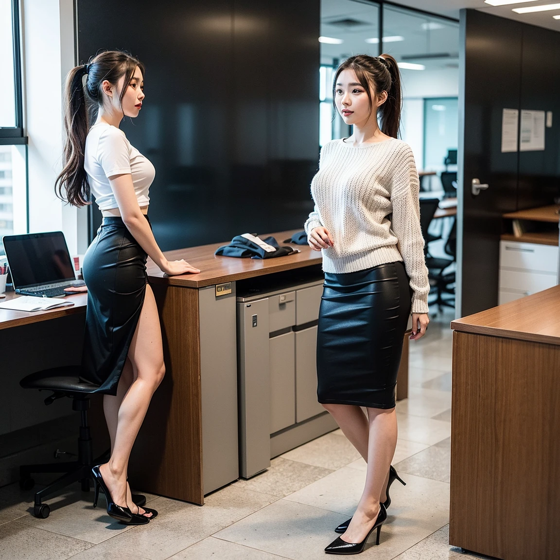 (Best Quality, Masterpiece, Photo realistic, Ultra Detailed, ultra high res, raw:1.3), (2girls:1.3), beautiful, Japanese, mature, 28yo, office workers, (turtle neck knit, pencil skirt), ({gold| silver| wine red| blue| navy| pink| white| black| yellow| green} clothes), (smile), long hair, bangs, high-waist, necklace, (at IT office), (long legs, high heels, full body:1.2), (big breasts:1.3), (crowd)