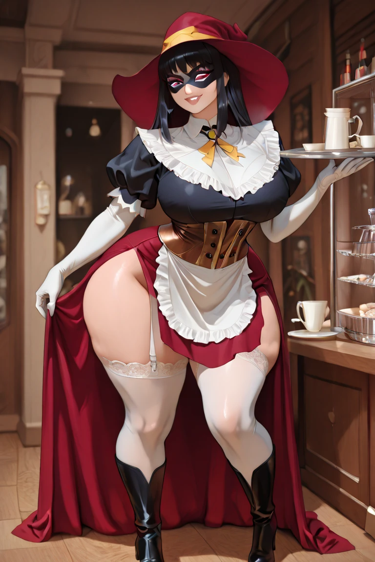 (Full body shot ：2), （Full Focus：1.3）， girlfriend,The character wears a warrior costume with a red and green color scheme， Satin clothing，Lace high-heeled leather shoes,， long leges,, Heavy makeup, A shallow laugh, Must show your face, Must have stockings, Stocking tights, hyper HD, Ray traching, structurally correct, ??????? correct, Award-Awarded, High detail, Chiaroscuro, Cinematic lighting, Masterpiece, Super detail, High quality, High details, Best quality, 16k