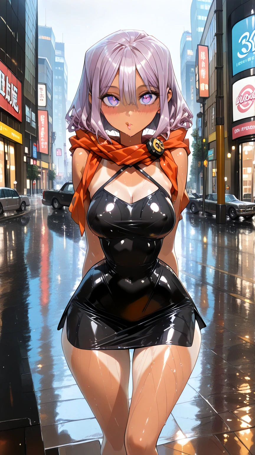 (best quality, masterpiece:1.2), pink hair, short hair, 2 buns hair, (medium breast:1.4), aviator glasses, green eyes, beautiful eyes, detailed eyes, detailed lips, detailed skin, deep v cleavage, blue police uniform, middle of the street, at night, full moon