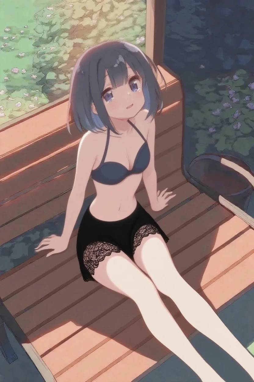 ((Best of the highest quality, 8k, Masterpiece: 1.3, raw photo)), Sharp focus: 1.2, (1 AESPA, slim body type female, 21 y/o: 1.1), (Solo: 1.2), (realistic, photo-realistic:1.37), face focus, cute face, finely eyes, side lighting, using reflectors, (small breasts, flat chest, Thigh: 1.3), (wet hair, short messy hair: 1.28), (wet body, bra top, skirt: 1.32), (ribbon: 1.2), sitting terrace dining, sun light, flower, (from below: 1.2),