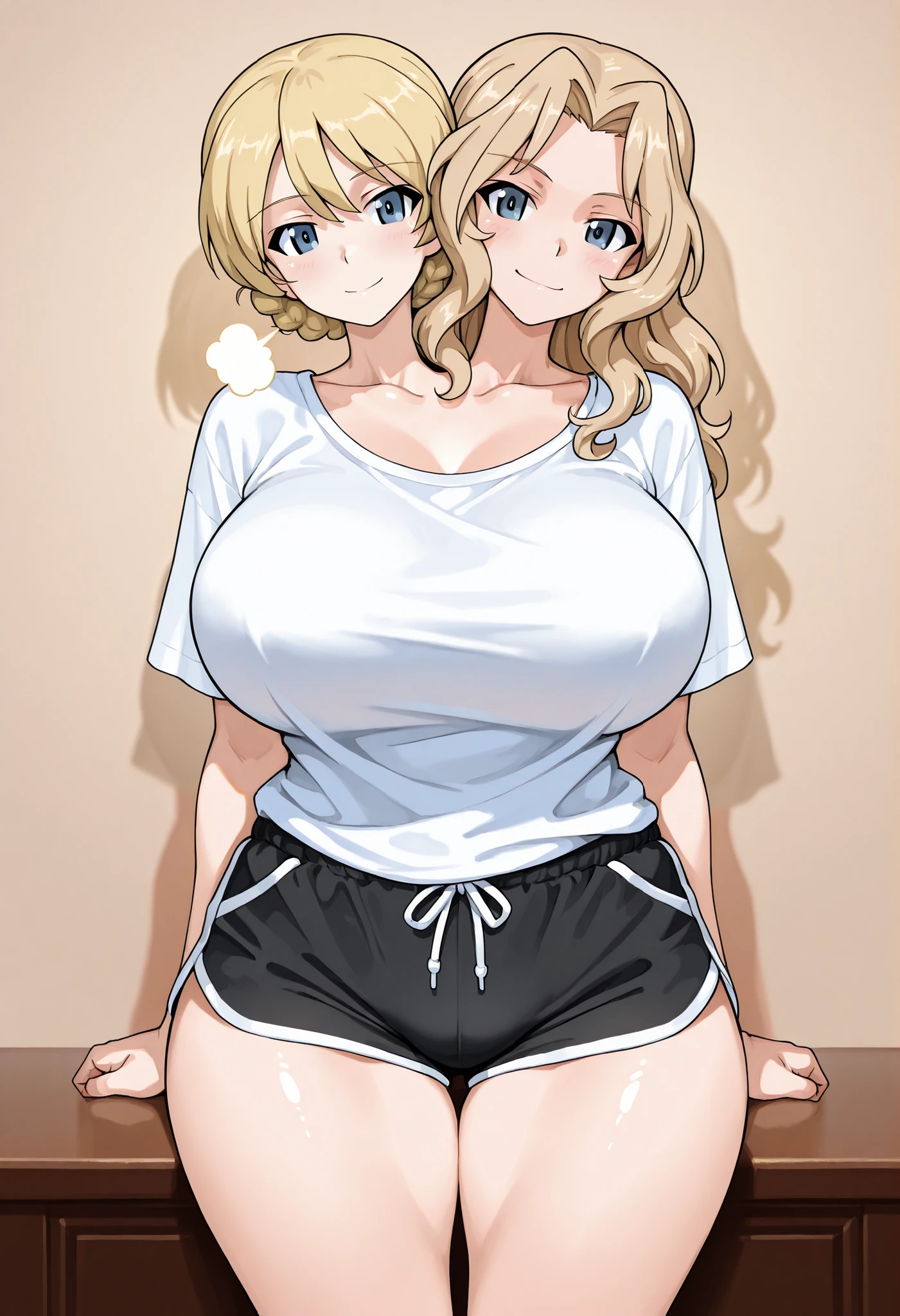 ((highres)), Masterpiece, high quality, best quality, beautiful, perfect lighting, detailed face, ultra cute face, ((2girls)), ((blush)), one girl has blonde hair, blue eyes, crop top and shorts, one girl has brown hair, green eyes, jeans, white shirt, tight clothes, simple background, medium breasts, cleavage, ((wide hips)), (thick thighs), arms behind back,