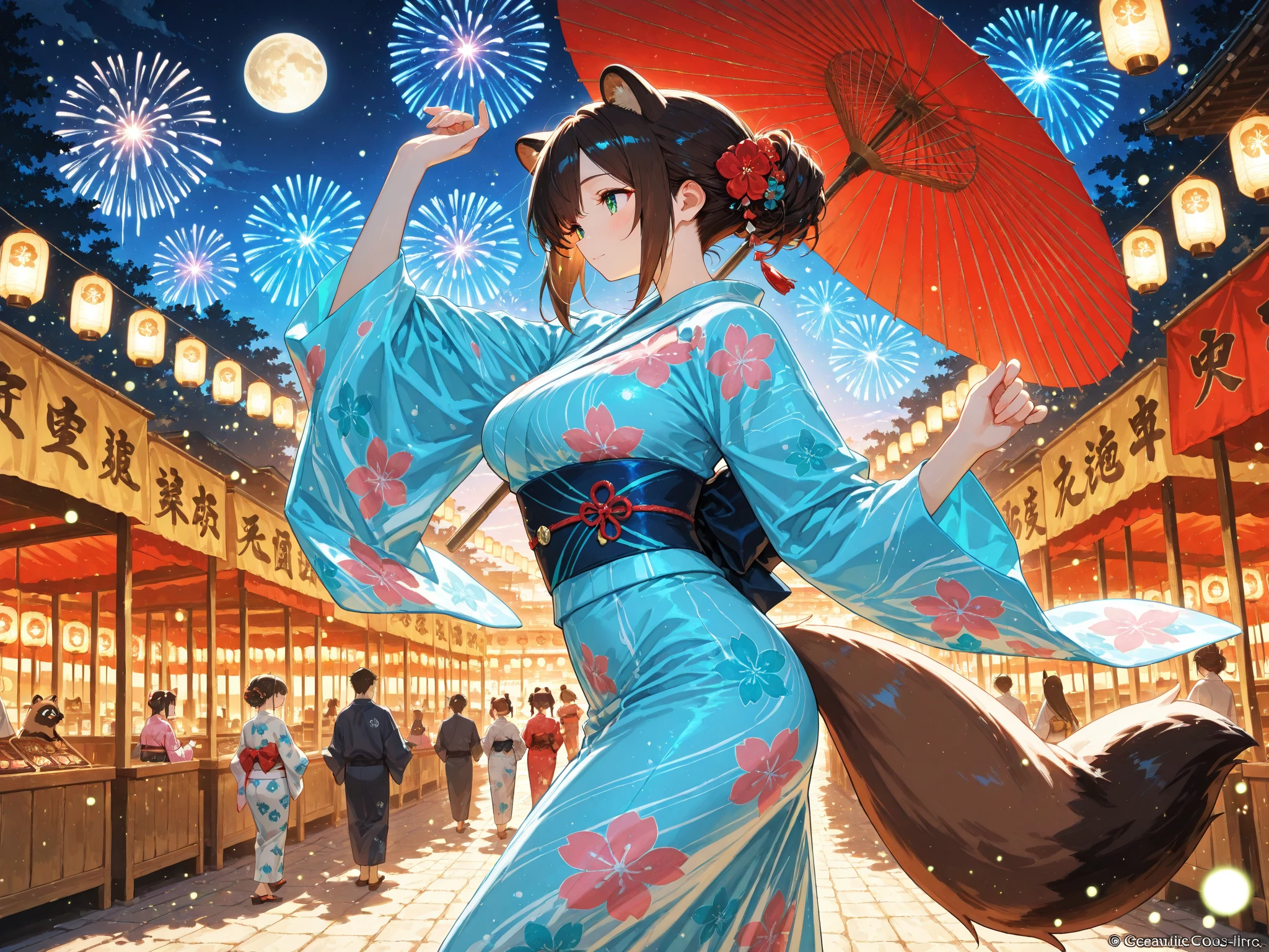 (Highly detailed CG Unity 8k wallpaper), (Best Quality), (Super Detail), (Best Illustration), (Best Shadow), POV, Realistic lighting and shading, Natural light, Lens flare effect, BREAK, 1 beautiful girl, Solo,(Cute:1.5),(Chibi:0.8), (kawaii:1.5),(Lori:0.5), BREAK,  ( (17 years old girl), Very detailed, colourfull, highest details, BREAK, (Huge breasts: 1. 2,), Clear skin, Beautiful skin, Shy skin, 1 beautiful girl, Brown hair wet with sweat, (Cat ears, Side tail,medium-Long hair: 1. 2), (Light blue eyes, long eyelashes, Double eyelids: 1. 2), Solo,  gleaming skin, BREAK,(bath robe,Dark blue obi kimono:1.2), (White ruffled bra shows off:1.2),  (star-shaped earring:1.1), (Hair ornament in the shape of the moon:1.0), (Red clogs:1.3), (Arms spread with high tension:1.1), (is standing,Slouched:1.3), Angle from chest to top, (Angle from below,Emphasizes cleavage:1.1), BREAK, (omatsuri:1.2), (Fireworks:1.4), (edo period:1.4), (Summer festival:1.2), (food stand:1.4), Paper Lante