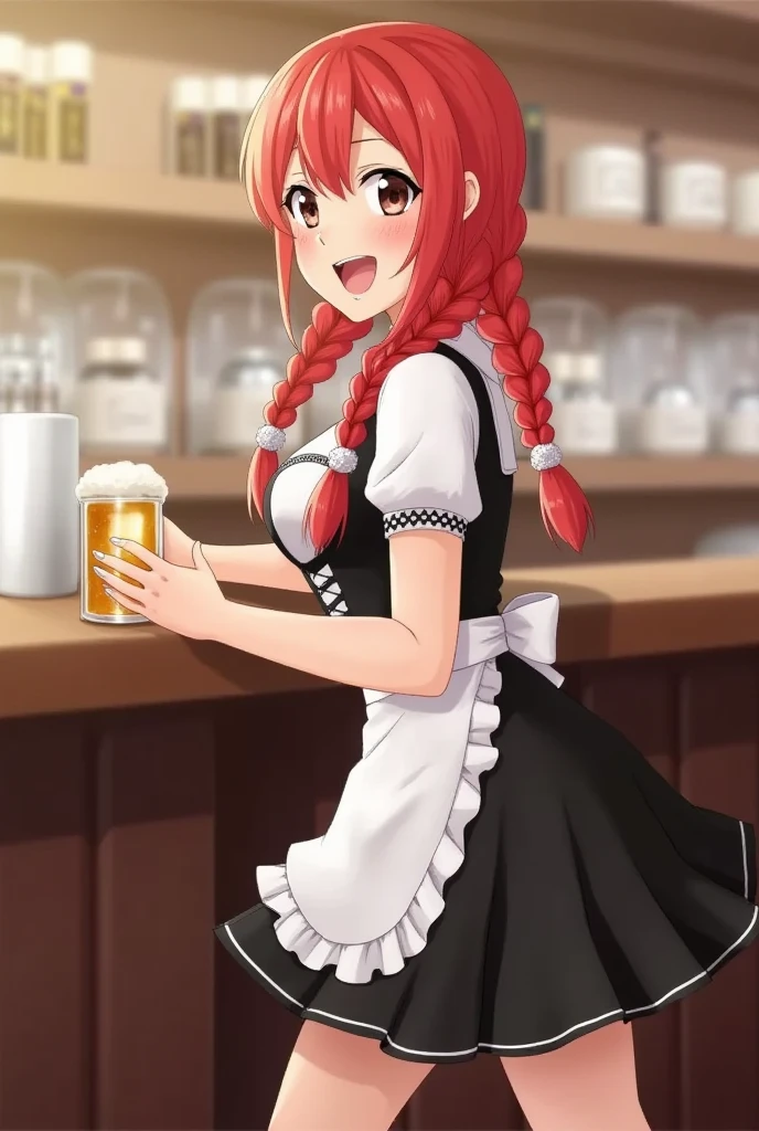best quality, masterpiece, highres, solo, {sakaki_shizuka_shirobako:1.15}, red_hair, long_hair, single_hair_bun, blue_eyes, hair_bun, 1girl, alcohol, beer, beer_mug, cup, holding, holding_cup, mug, smile, chopsticks, food, plate, ponytail, shirt