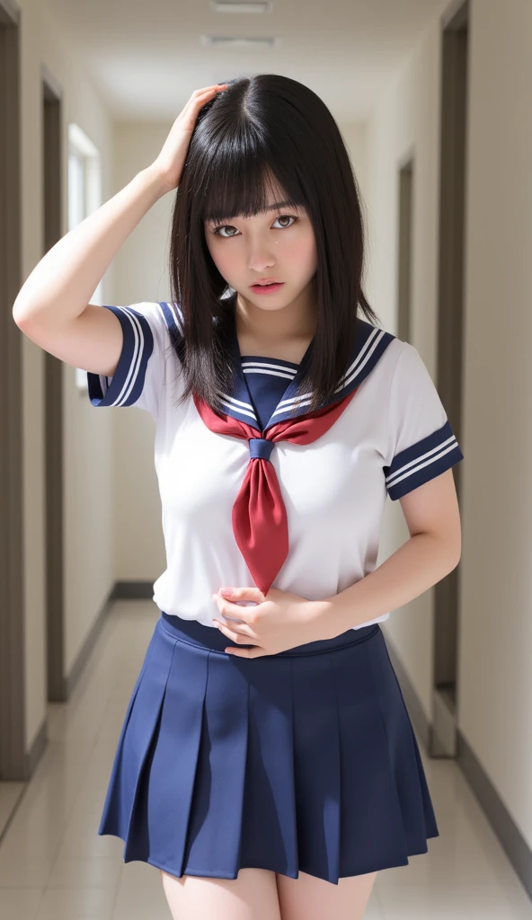 highest quality,Super detailed,masterpiece,Realistic,Photorealistic,Bright lighting,One Girl, Very beautiful 17 year old girl, (cute:1.2),A faint smile, (Brown eyes),(Brown haired),(prohibit),Perfect glowing skin,Perfect Skin,((erotic,Sexy and sexually explicit,Browsing Caution)),((Precise needles without discomfort)), Big ample breasts,Big Breasts, Narrow waist, Look at the viewers,((Sailor suit)),((Short sleeve uniform white shirt)),(Red tie),(Blue mini pleated skirt),(((Roll up the skirt yourself))),(I lifted it myself),(Showing panties),Wearing panties,Panty Focus,((Sit with your knees up、Spread your crotch and show off your panties)), barefoot(Loafer shoes), Daytime,in the train,Long seat away from the window,Short skirt,Foot details, ((from the front, From above, Focus Front, Focus Panties, Focus Leg)),(From above:1.8)