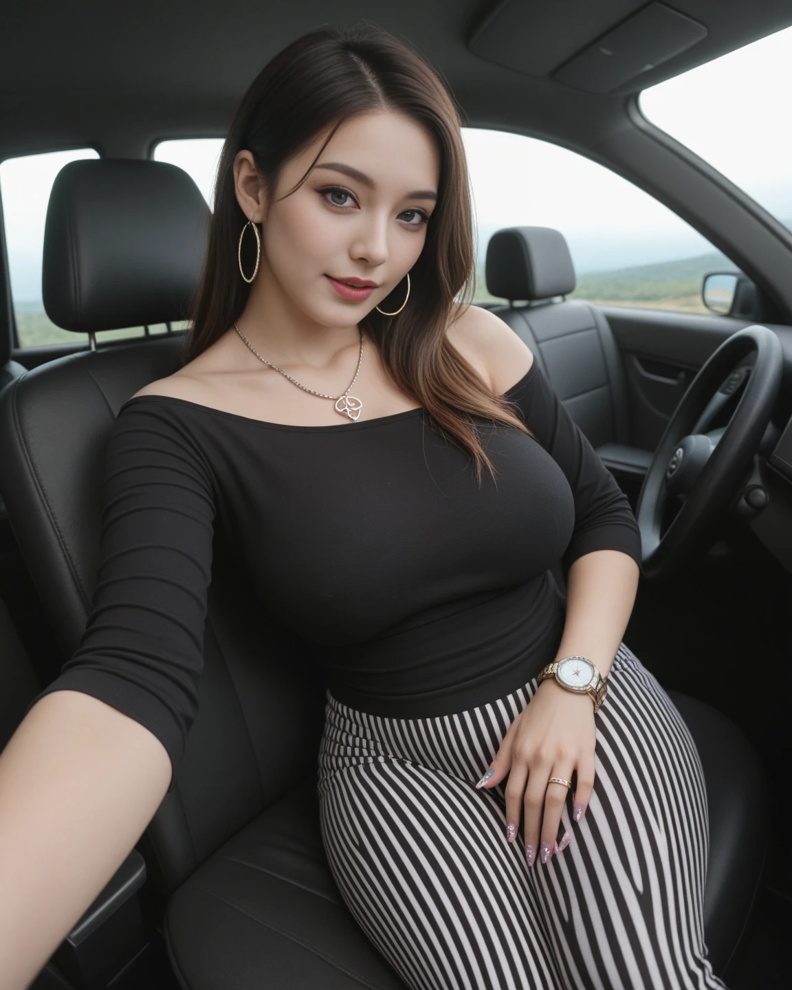 ((top-quality, 8K, masterpiece:1.3)), foco nítido, high-level image quality, hight resolution, Portrait, Solo, japanes, Middle-aged beautiful woman, 40yo, Plump:0.25, Wavy Hair, Clothes with a view of cleavage, pantiy, Wrinkles at the corners of the eyes, in Car back cargo space, spreading legs, one knee up, Pulling up a skirt, Colossal tits, Panties are visible, Seductive look, Mouth open, Looking at the camera, Rubbing your chest, Tying hair, Onepiece, Saggy, Light makeup, Sweating:0.7