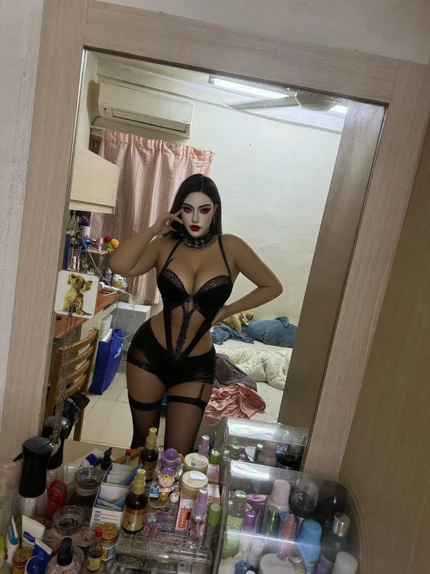 (masutepiece:1.1, Best Quality:1.1, 32K HDR, High resolution), (1girl in, Solo), cool and beautiful asian girl, Short hair, (huge-breasted:1.35, Colossal tits:1.35, Huge boobs:1.35, gigantic cleavage breasts:1.35), (Tube Top Bra:1.2, neon anonymous mask:1.7, black fishnet tights:1.15, Stockings:1.1), Detailed skin texture, (squat down:1.1, Open legs, raise a hand:1.1, Show me her shaved armpits:1.15, Exposed shaved armpits, inside a small abandoned house:1.1, Shabby sofa, Messy room, Perfect slim body:1.1),