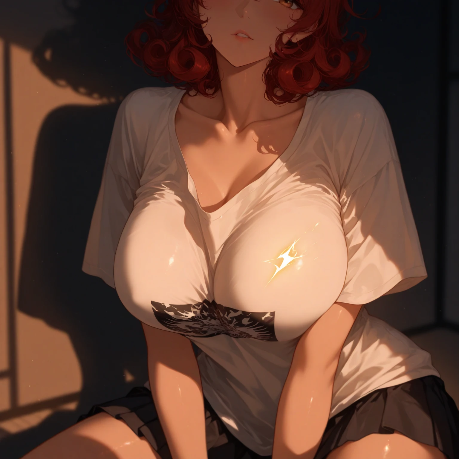 (masterpiece, Best quality:1.2), One, 1 girl, Red hair, yellow eyes, Hands,, unbuttoned collared shirt, on the chest, A lot, black unbuttoned trousers, wide hips, we are panties, Wet, hot, wide hip, thick thighs, very detailed beautiful face, beautiful skin, cum on face, view from above, erotica, languor, passion, hands behind your back, anatomical hands