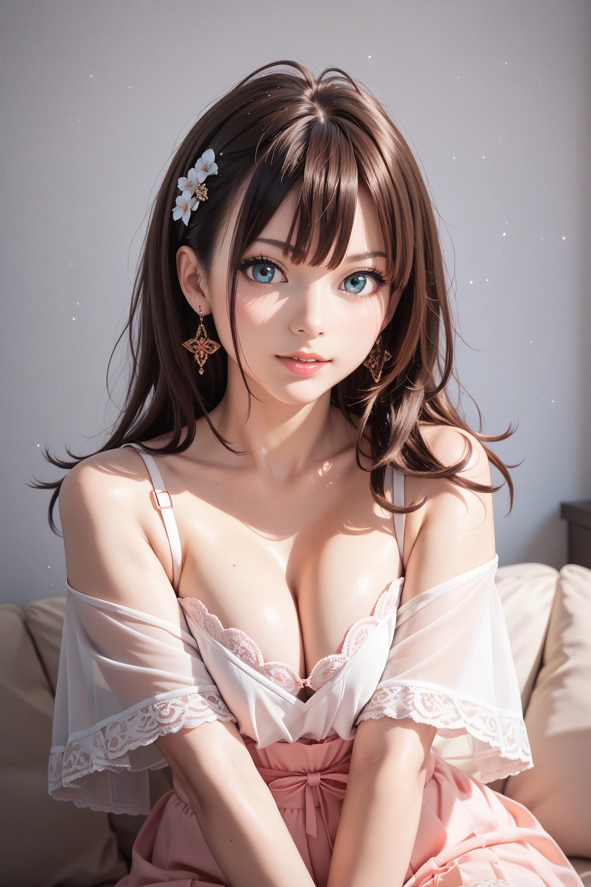 extreme close-up,1girl,(ultra detailed skin),curvy,,beautiful breasts,(large breasts),pale skin,pointy breasts,erect nipples,(fantasy art,Highest image quality,Hyperrealist portrait,(8k),ultra-realistic,best quality, high quality, high definition, high quality texture,high detail,beautiful detailed,fine detailed,extremely detailed cg,detailed texture,a realistic representation of the face,masterpiece,Sense of presence,Dynamic,bold),ponytail,(ultra thin hair),(ultra soft hair),(ultra straight hair:1.5),Swept long bangs,extra light coppery amber hair,hair over one eye,clothed,