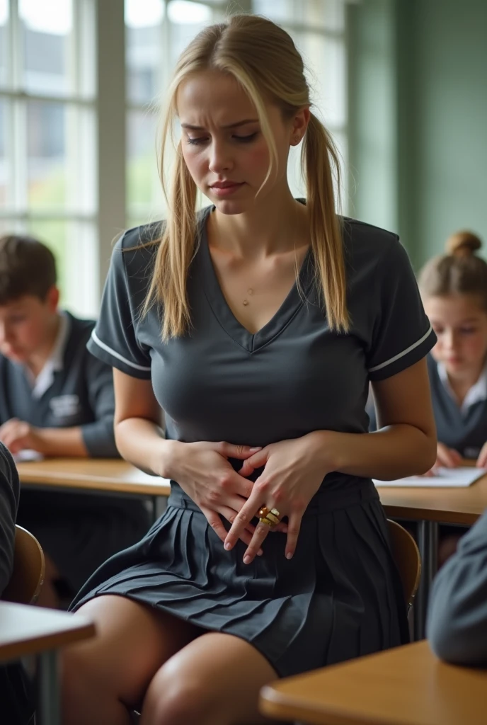 (photorealism:1.2), A 16 year old latina schoolgirl center frame, thighs elevated, breathing heavily, reaches below her stomach and massages her barely conceiled and damp pelvic womanhood ontop the teacher's desk at the front of the class while being stared at by her female peers. The other girls, these female peers, firmly grasp and knead the softest parts of their chests with sleepy gazes and salivating, slack-jawed, vacant expressions suggesting they have been placed into deep hypnotic trance. All the girls are dressed in catholic school uniforms that are far too small and skirts far too short to successfully provide any appropriate measure of modesty.