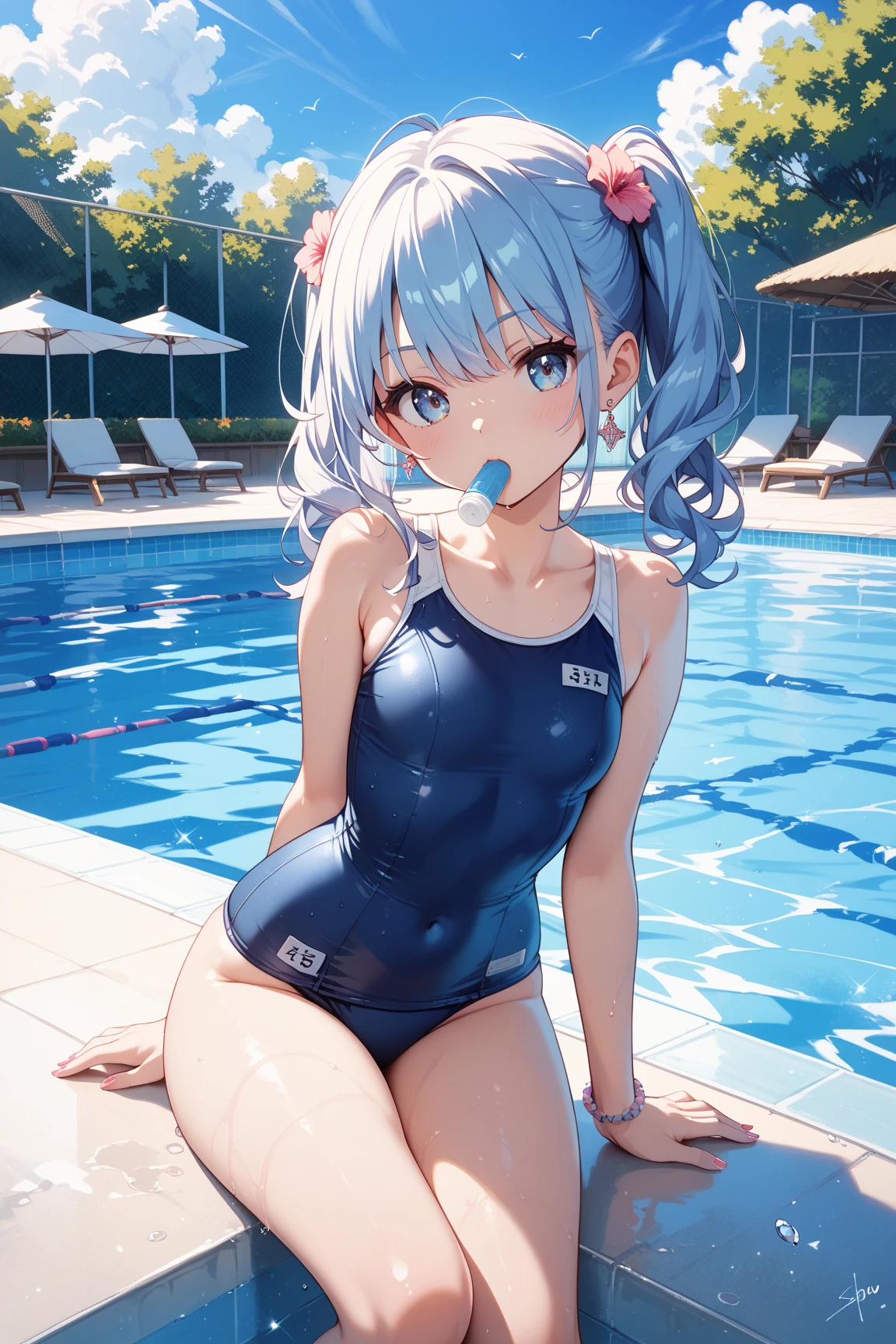 School (((blue Swimsuit))), solo, girl, pool, silver hair