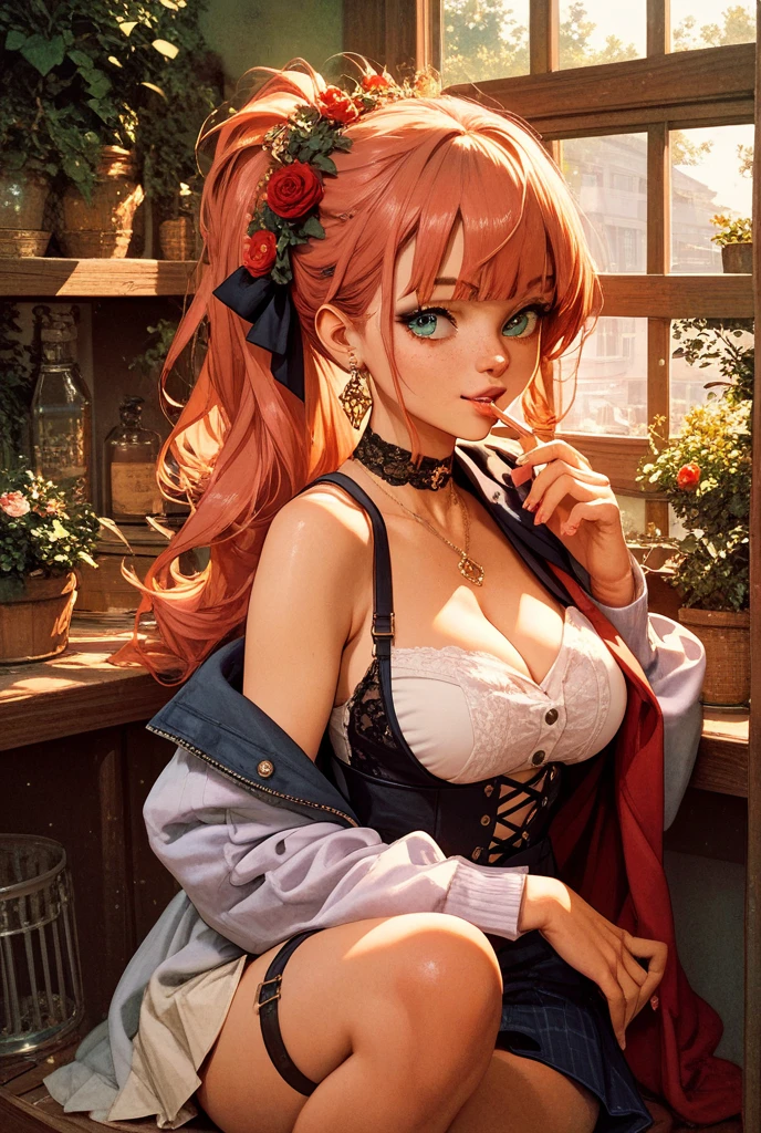 Perfect and round breasts, (1 beautiful and cute girl) Long and curly dark redhead hair (Beautiful detailed eyes, extremely sensual body, fashionable stylish jacket, pleated skirt read floral print, neckline ((masterpiece, best quality, high quality , high definition, 16k, delicate, cinematic light, lens flare, makeup), perfect pink lips, mischievous smile (perfectly proportioned face, photorealistic), on the wooden bridge, (((perfect eyes, error-free eyes, light reflection in the eyes)))