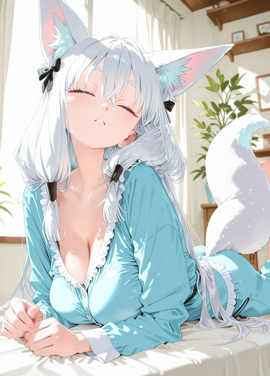 Blush, ((((White color blouse)))), white long boots, (on top of the bed), Kneeling, D-cups, White hair, ahoge, Heart-shaped pupils, blue color eyes, cat ear, is shy,Black gloves, torogao, Reflectors, Yandere, anime big breast, Chiaroscuro, Ray tracing, shadowing, hyper HD, Masterpiece, Accurate, Anatomically correct, Textured skin, Super detail, High details, High quality, Award-Awarded, Best quality, A high resolution, 16k,(There is love around you),Tempting