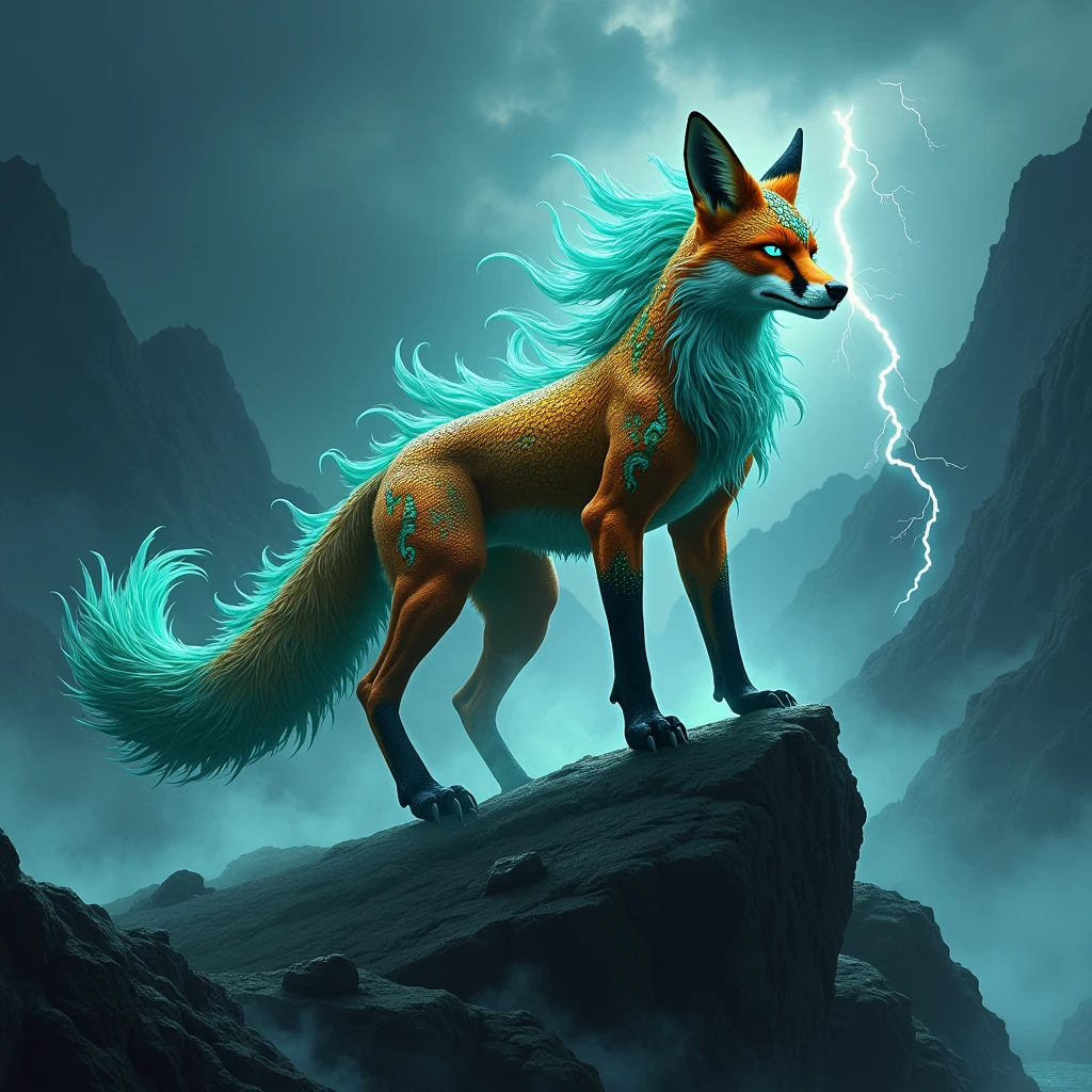 Fantastic Beasts concept art, colorful crystal glass nine-tailed fox mythical beast design with sparkling tail, ancient Chinese mythology, lady luck cloud background beast, glowing yellow eyes, epic HD CG rendering, majestic, lifelike, aqua blue like the sea, reflection, cinematic post-processing, lots of fine detail, depth of field, surrealism and cyberpunk style, octane rendering, fantasy engineering 32K,