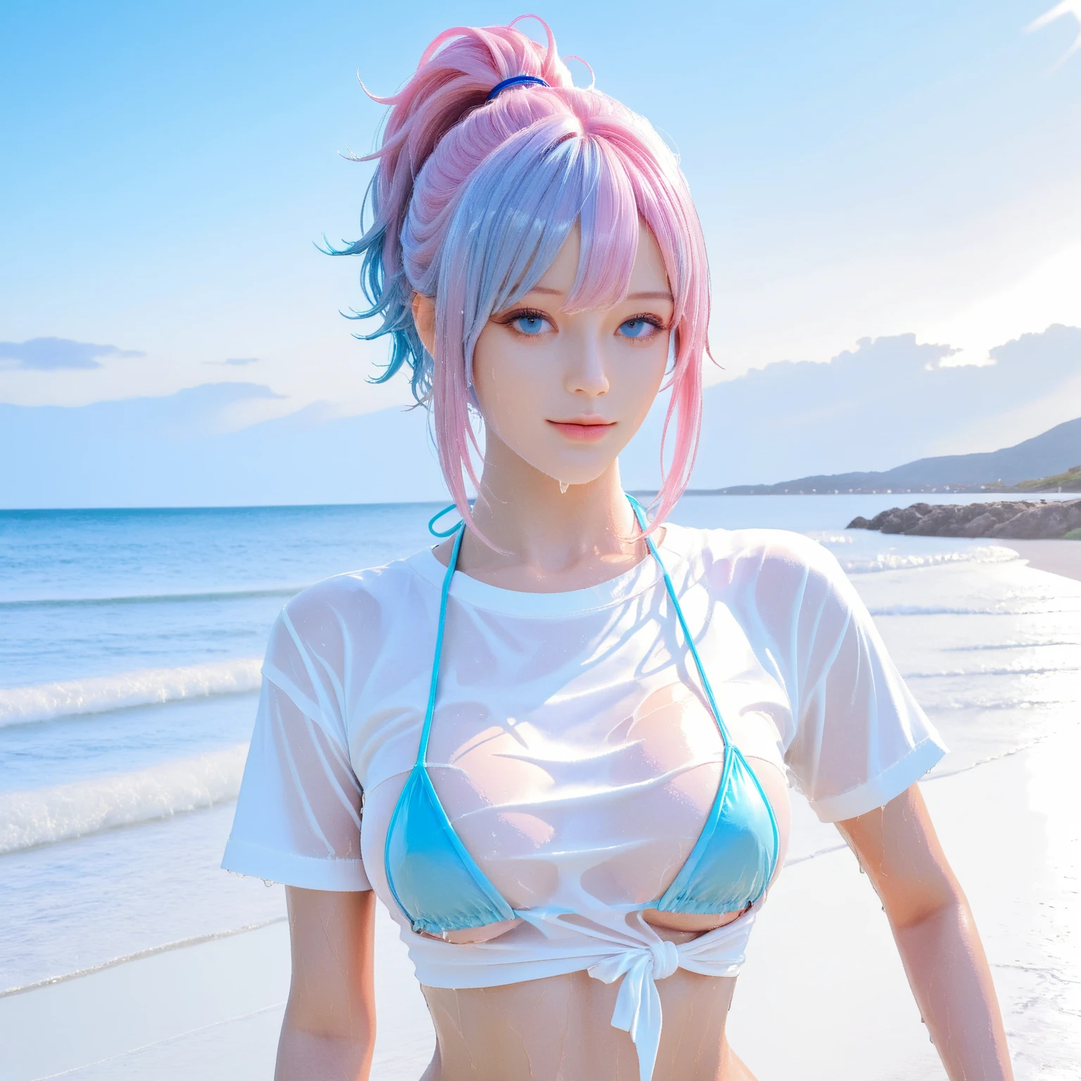 (8k, RAW photo, best quality, masterpiece:1.1), (realistic, photo-realistic:1.37), ultra-detailed, (high detailed skin:1.2), 8k uhd, dslr, soft lighting, high quality, film grain, Fujifilm XT3, professional lighting, photon mapping, radiosity, physically-based rendering photo of 1girl, cosplay,
(full body:1.2), 1girl, solo,
((1girl, breasts)), masterpiece, best quality, huge breasts, illustration, ((t-shirt, thong, skindentation)), blunt bangs blush, faded colors, deep skin, looking at viewer, osakabehime, fgo, beach, outdoors, from below, detailed face, flat belly, belly button, underboob,
<lora:awl-v100-000025:0.75:lbw=OUTALL>, aura, 1girl, purple hair, ( horns:1.2), braid,
(beautiful_face), ((intricate_detail)), (revealing clothes:1.2),
((finely_detailed)), fine_fabric_emphasis,
((glossy)),