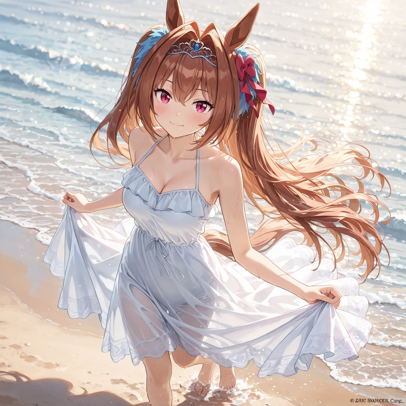 An image of a young brunette Anime girl with bunny ears' back view