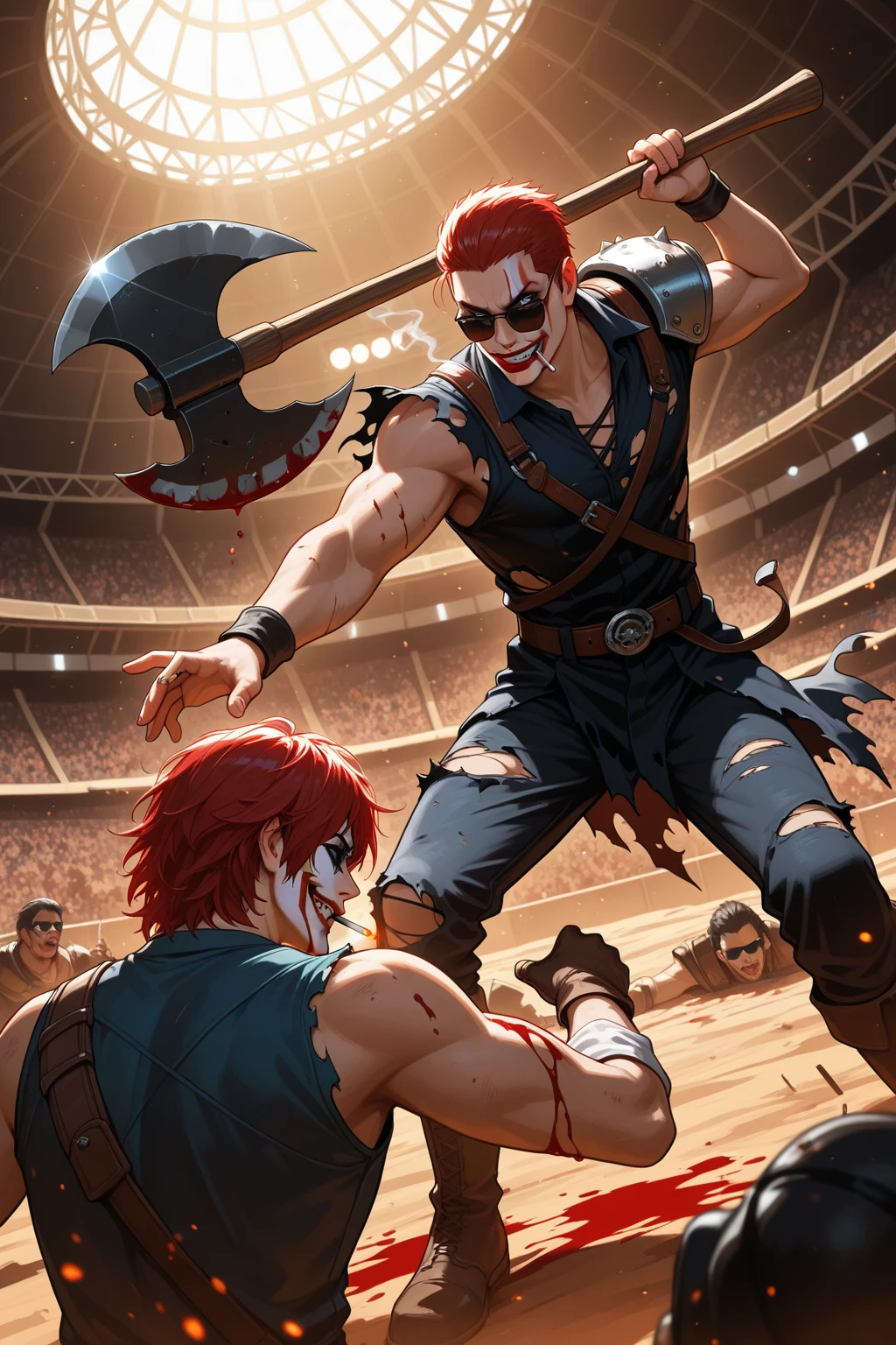 ((best quality)), ((masterpiece)), (detailed), ((2man are fightings)) the enemy(side angle) yealing anger at the warfield (god of war)(kratos), ((painted skull face)), so many army of evil, big athletics body, sixpack, using blades in the desert rocks, one man got hit by kratos axe and the bloods comesout from the body, semi dark, dusty red blood backgrounds
