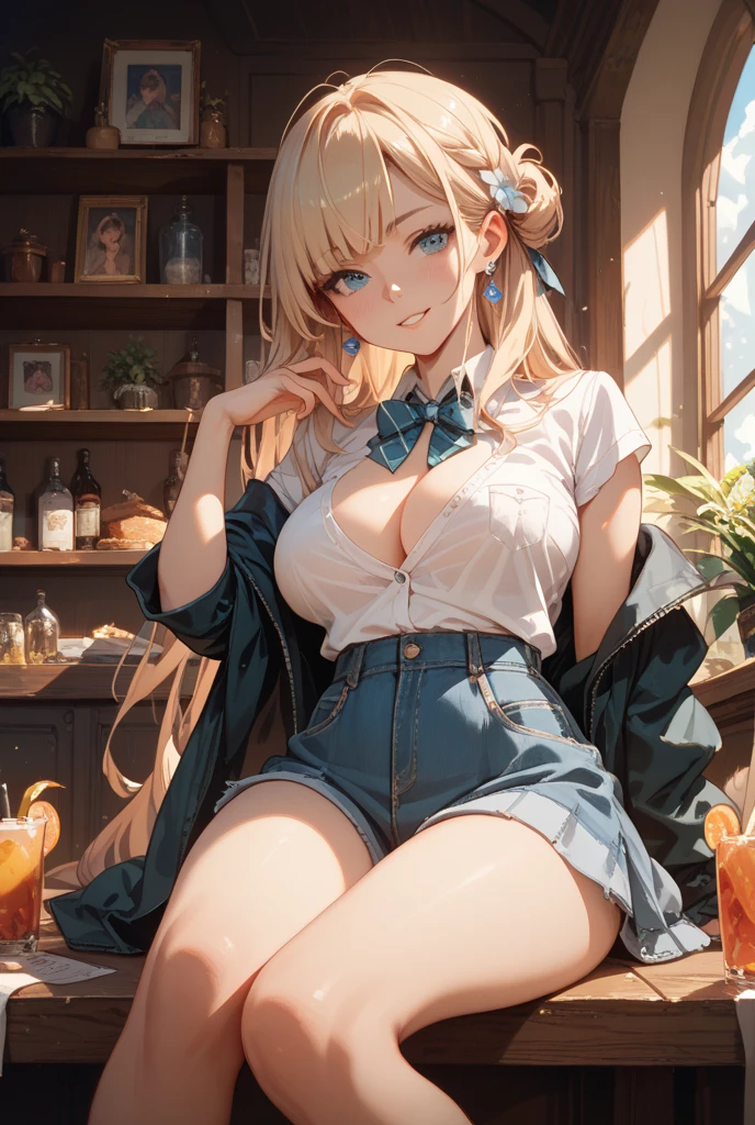 (masterpiece, best quality, 4k, photorealistic, cinematic, ultra-detailed), wide shot, full body, perfect anatomy, curvaceous body, long round legs, 1 girl, blonde hair, sitting in an office chair, crossing her legs, Lavender sleeveless blouse, powder blue pleated mini skirt, silver wedge heels, loose curls or a romantic bun, teardrop earrings, licking an icecream, dripping on her breasts, sweating, moaning with ecstasy, blushing, nipples visible through fabric